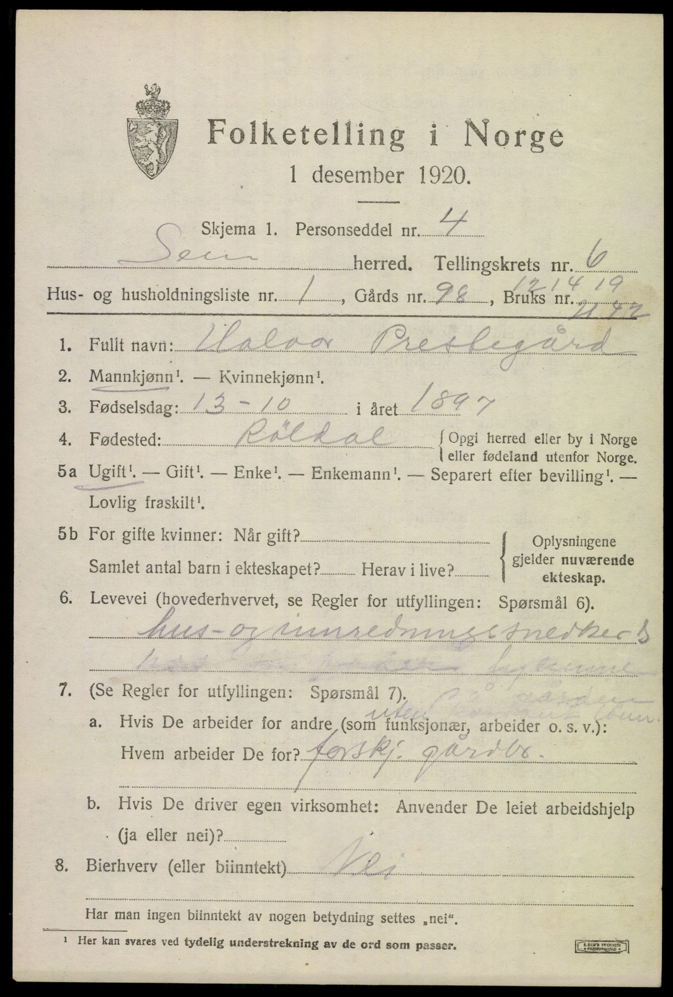 SAKO, 1920 census for Sem, 1920, p. 9593