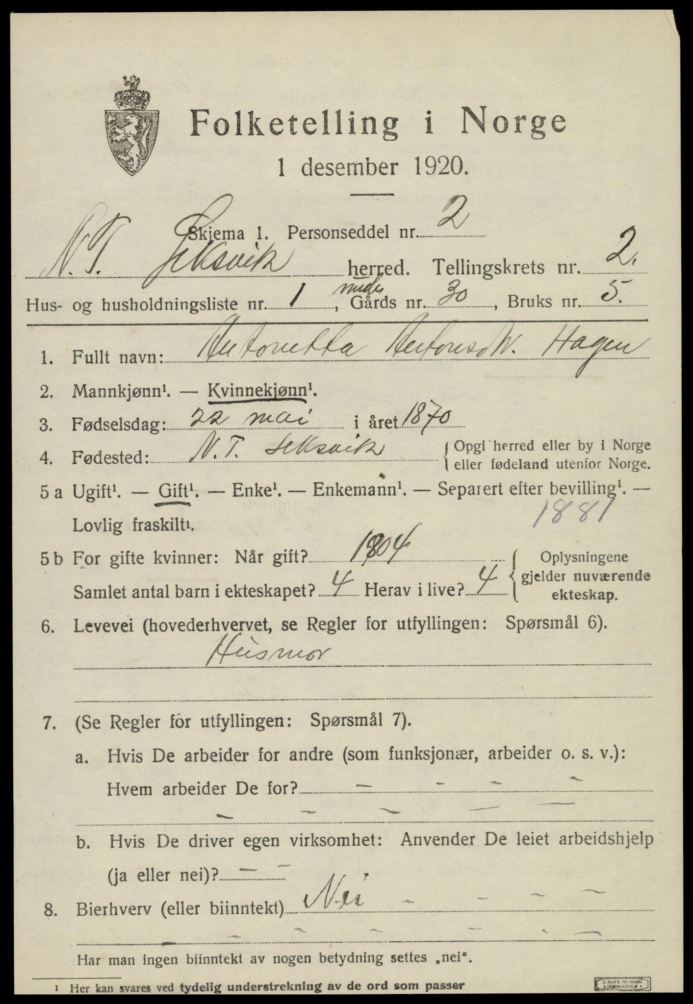 SAT, 1920 census for Leksvik, 1920, p. 1828