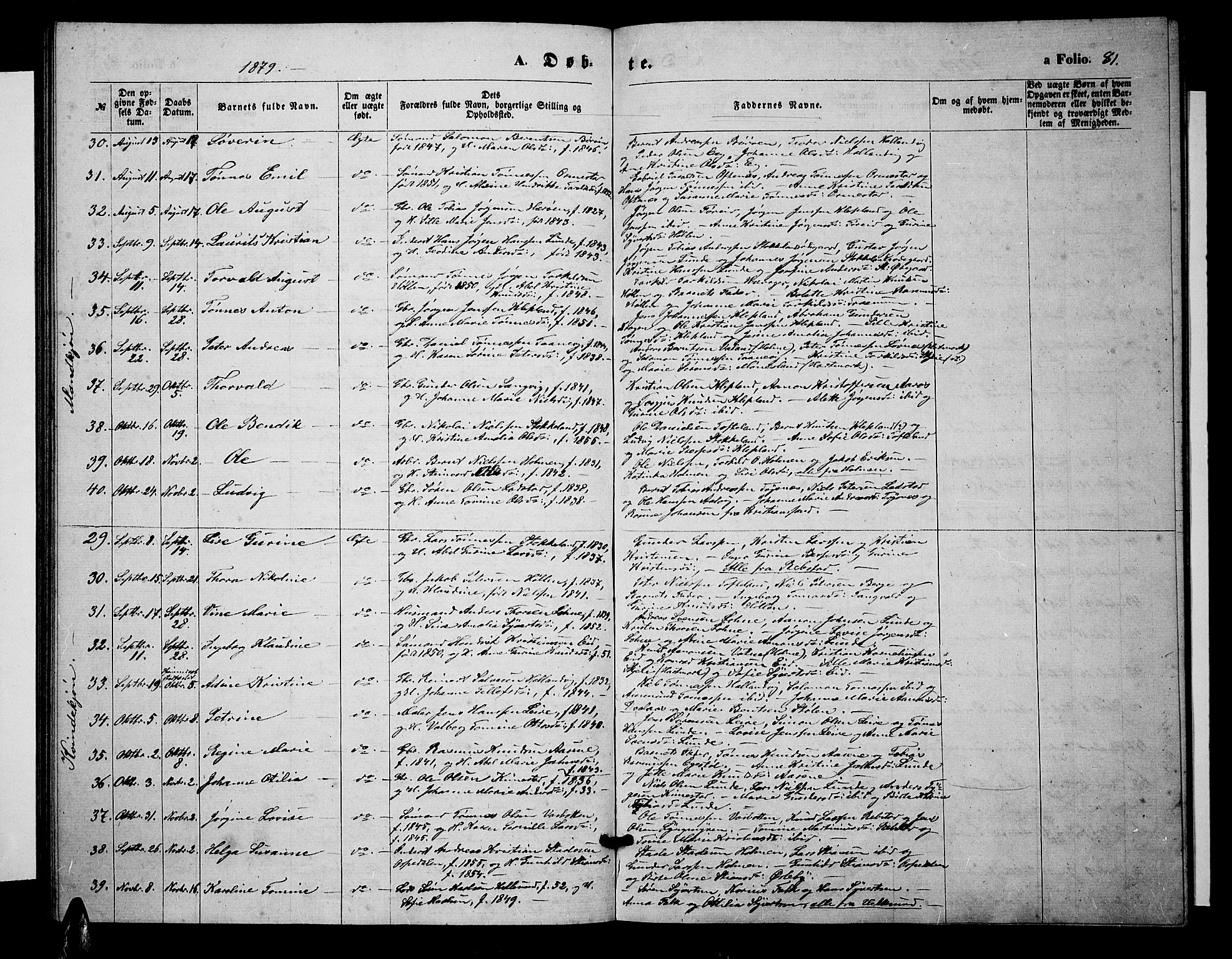 Søgne sokneprestkontor, SAK/1111-0037/F/Fb/Fbb/L0004: Parish register (copy) no. B 4, 1864-1883, p. 81