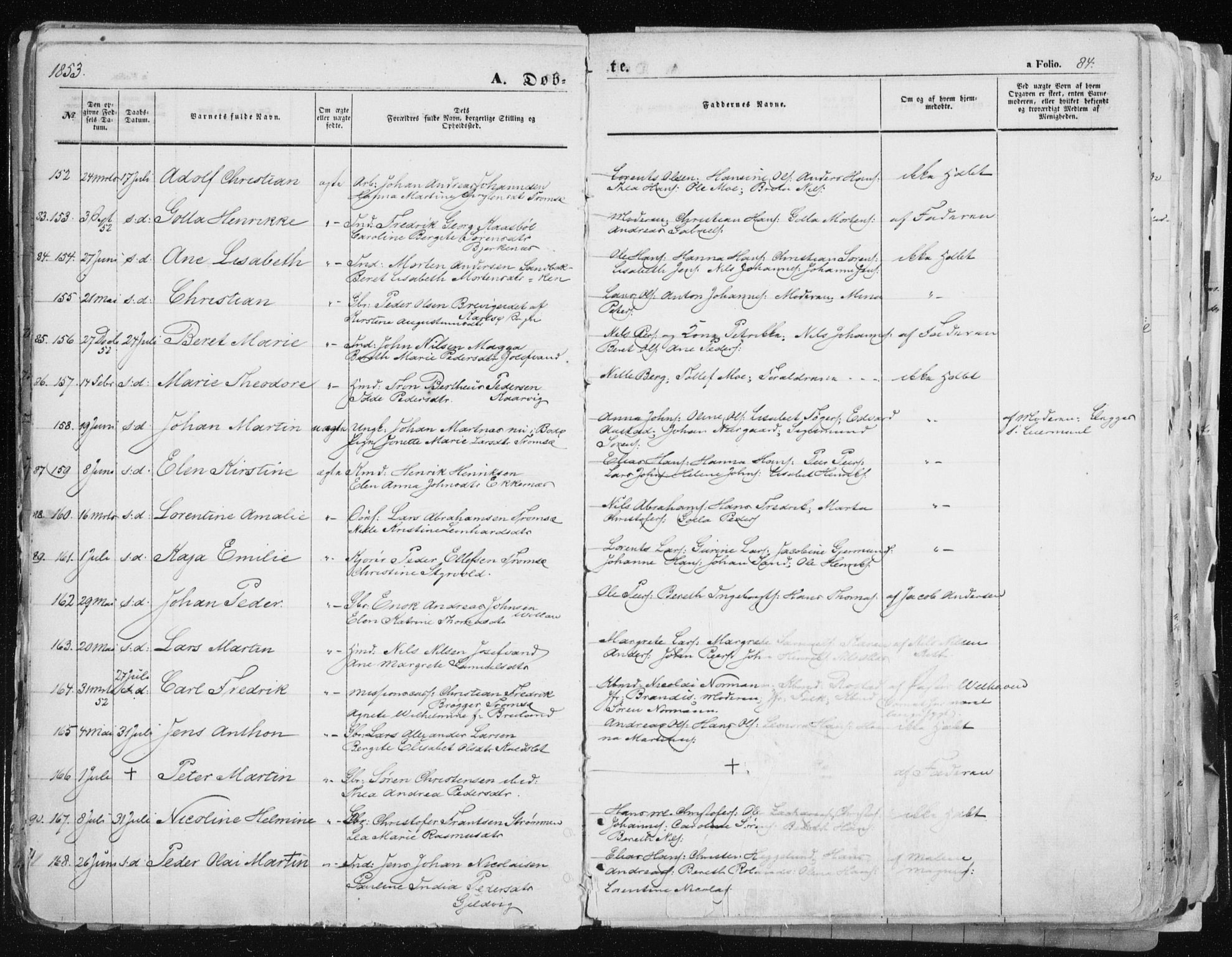 Tromsø sokneprestkontor/stiftsprosti/domprosti, AV/SATØ-S-1343/G/Ga/L0010kirke: Parish register (official) no. 10, 1848-1855, p. 84