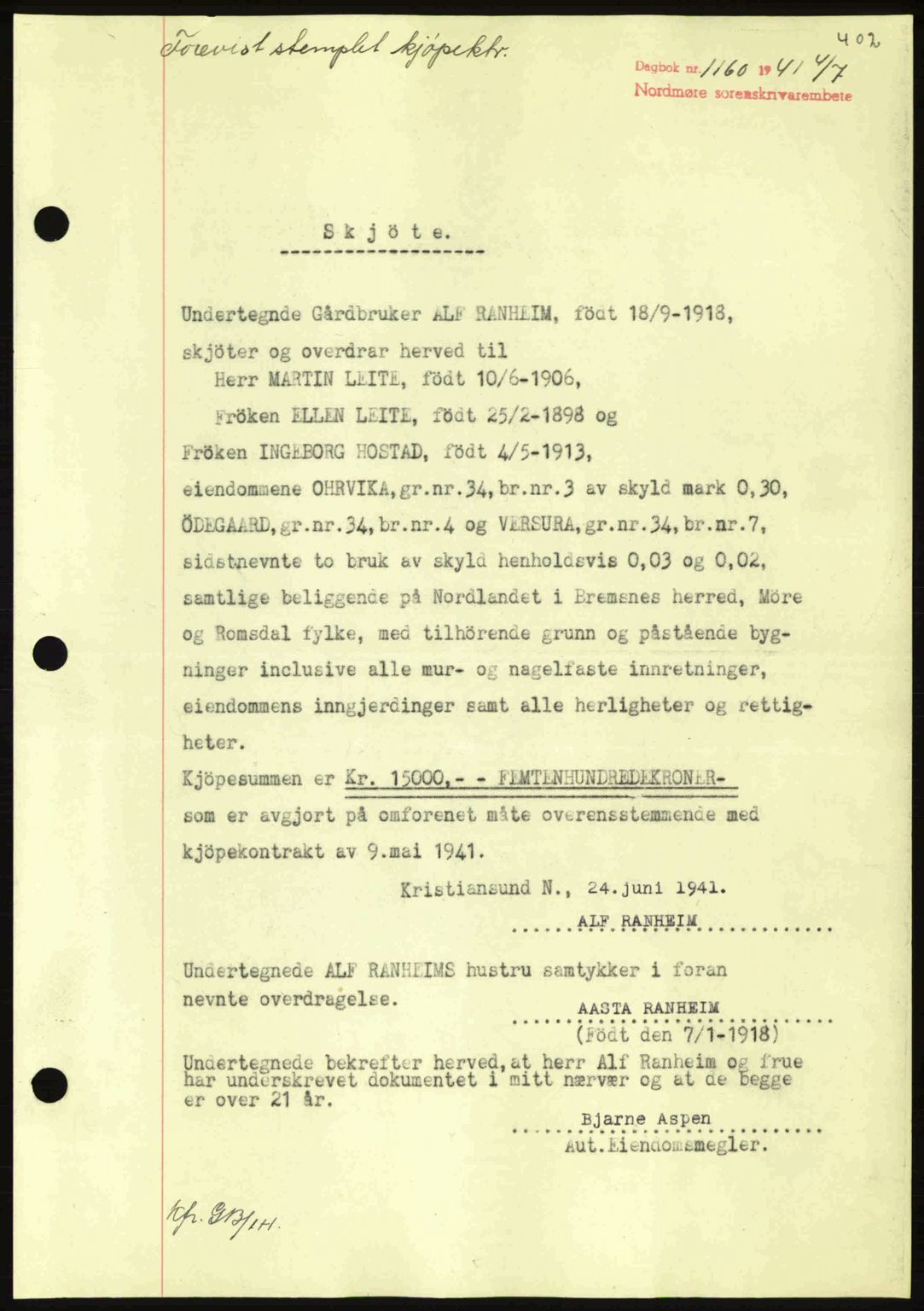 Nordmøre sorenskriveri, SAT/A-4132/1/2/2Ca: Mortgage book no. A90, 1941-1941, Diary no: : 1160/1941