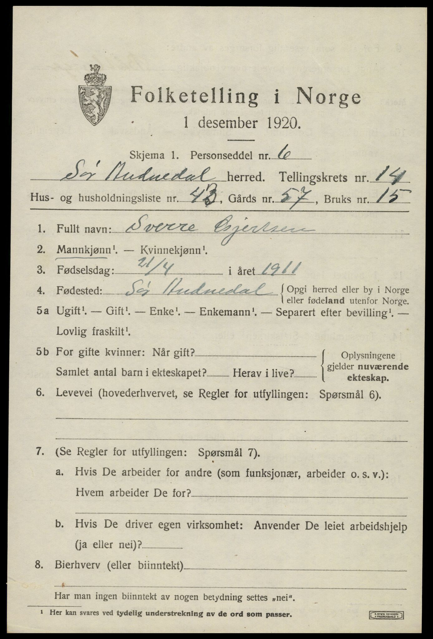 SAK, 1920 census for Sør-Audnedal, 1920, p. 5589