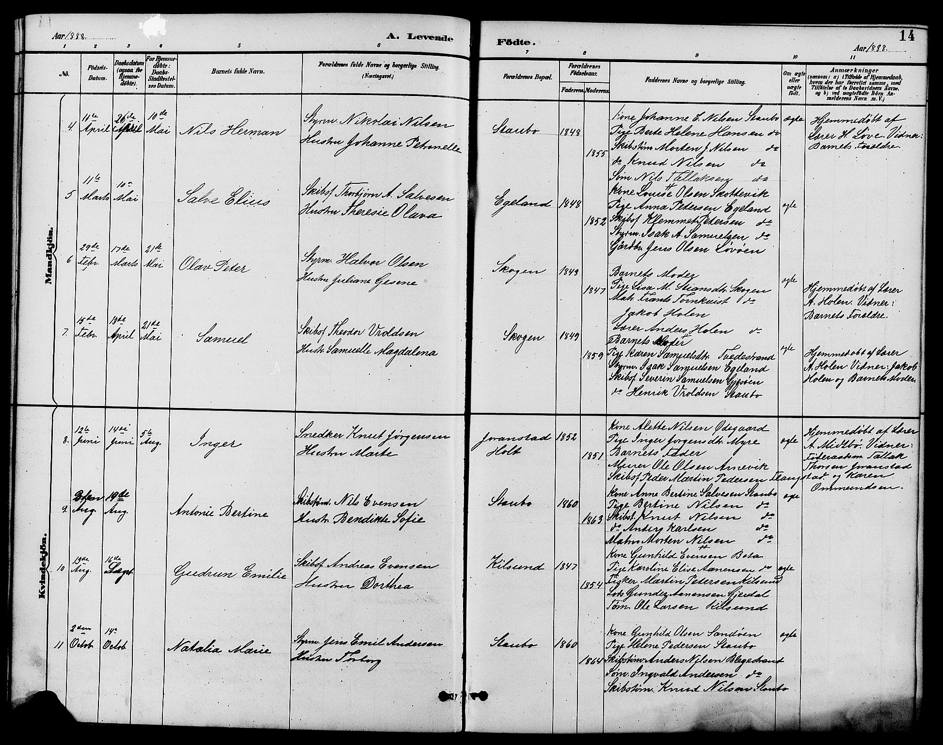 Dypvåg sokneprestkontor, AV/SAK-1111-0007/F/Fb/Fbb/L0004: Parish register (copy) no. B 4, 1887-1905, p. 14