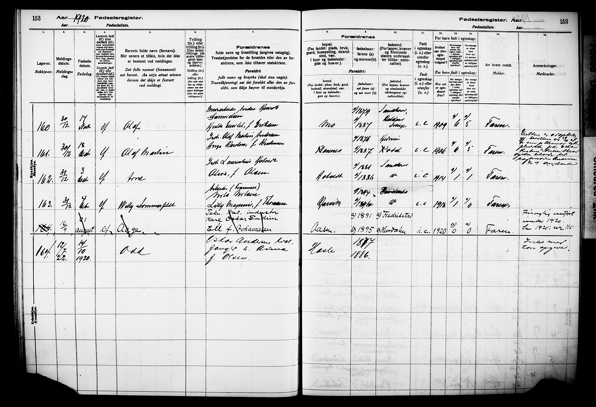 Sandar kirkebøker, AV/SAKO-A-243/J/Ja/L0001: Birth register no. 1, 1916-1922, p. 153