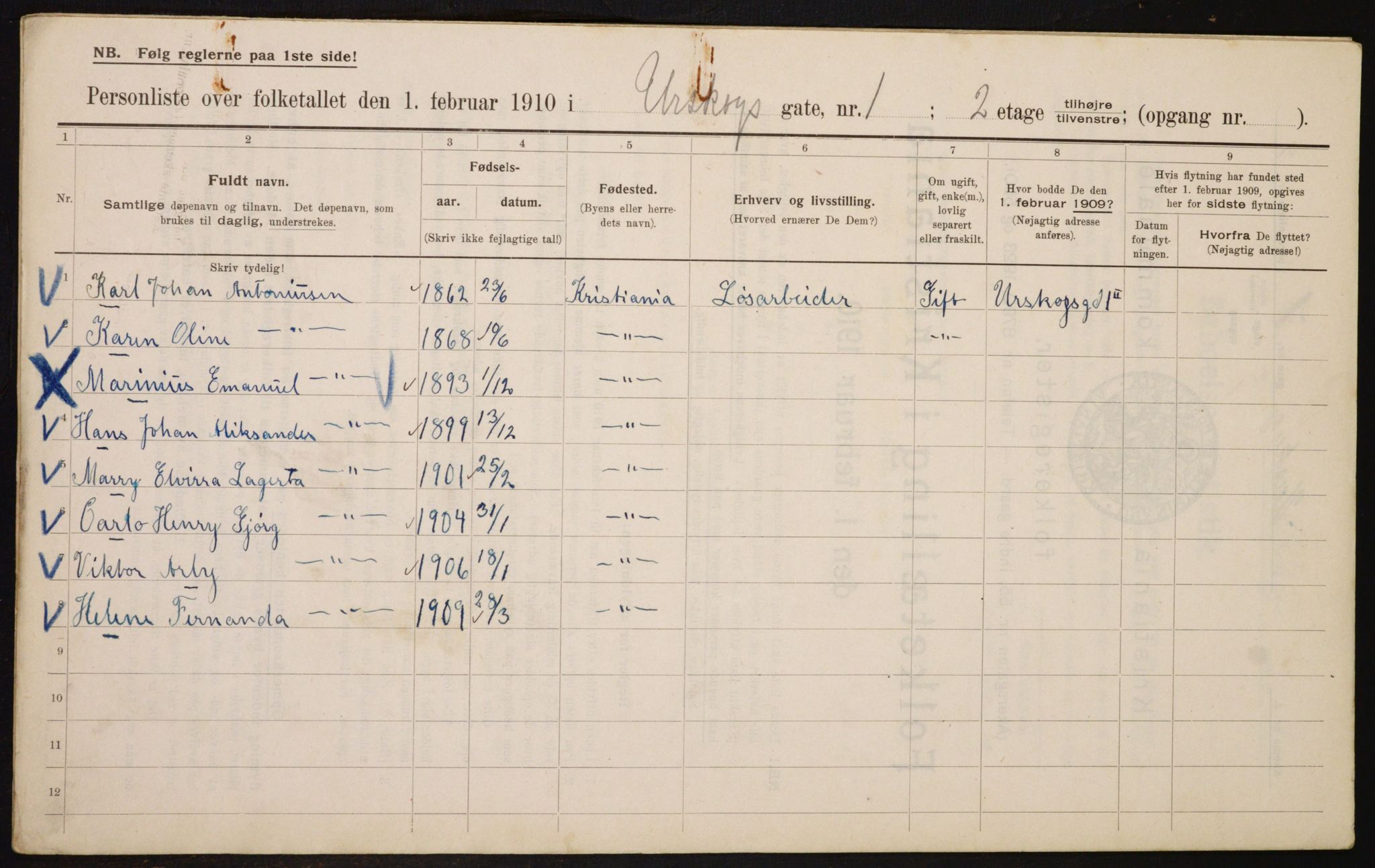 OBA, Municipal Census 1910 for Kristiania, 1910, p. 2445