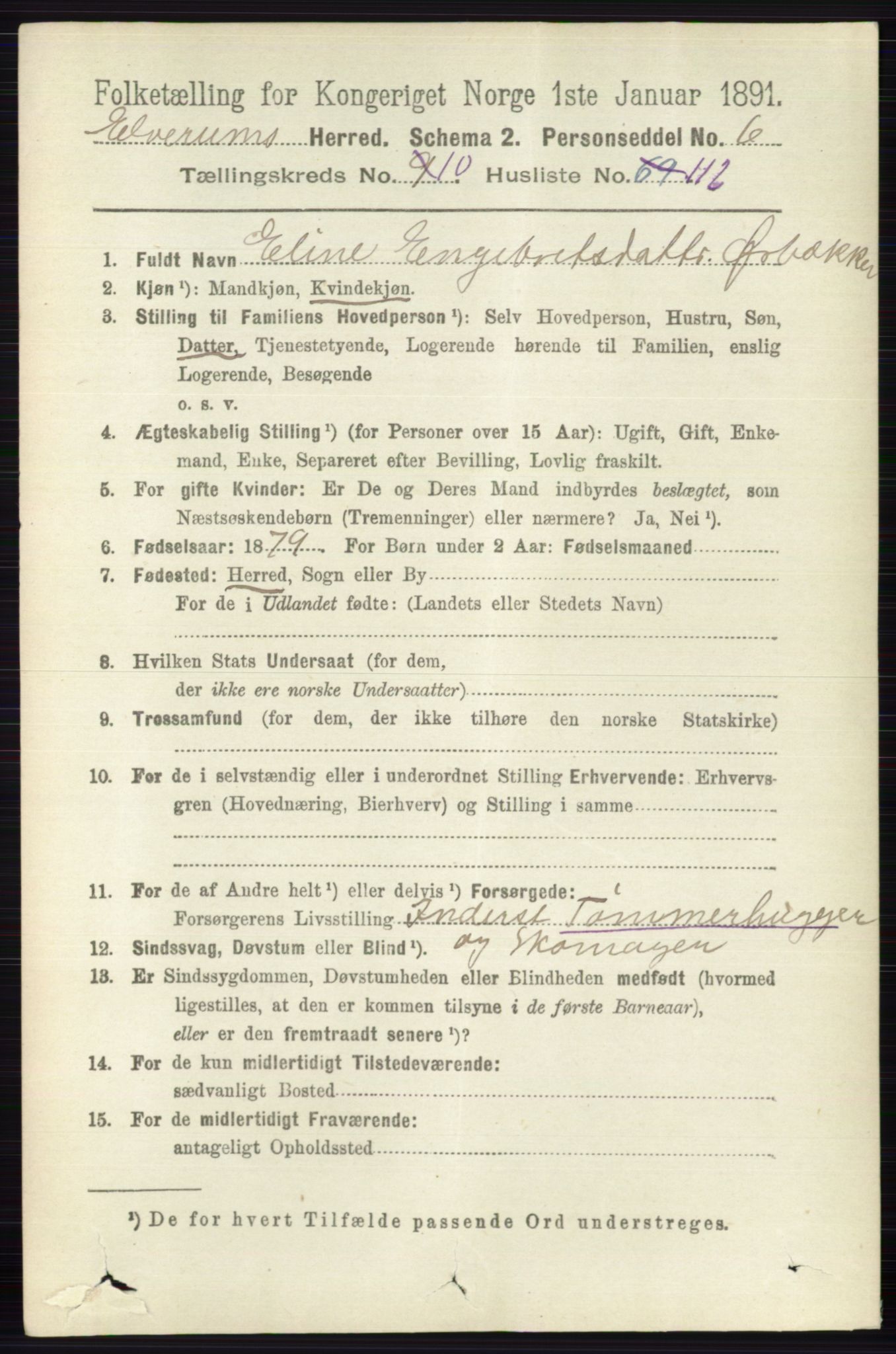 RA, 1891 census for 0427 Elverum, 1891, p. 8929