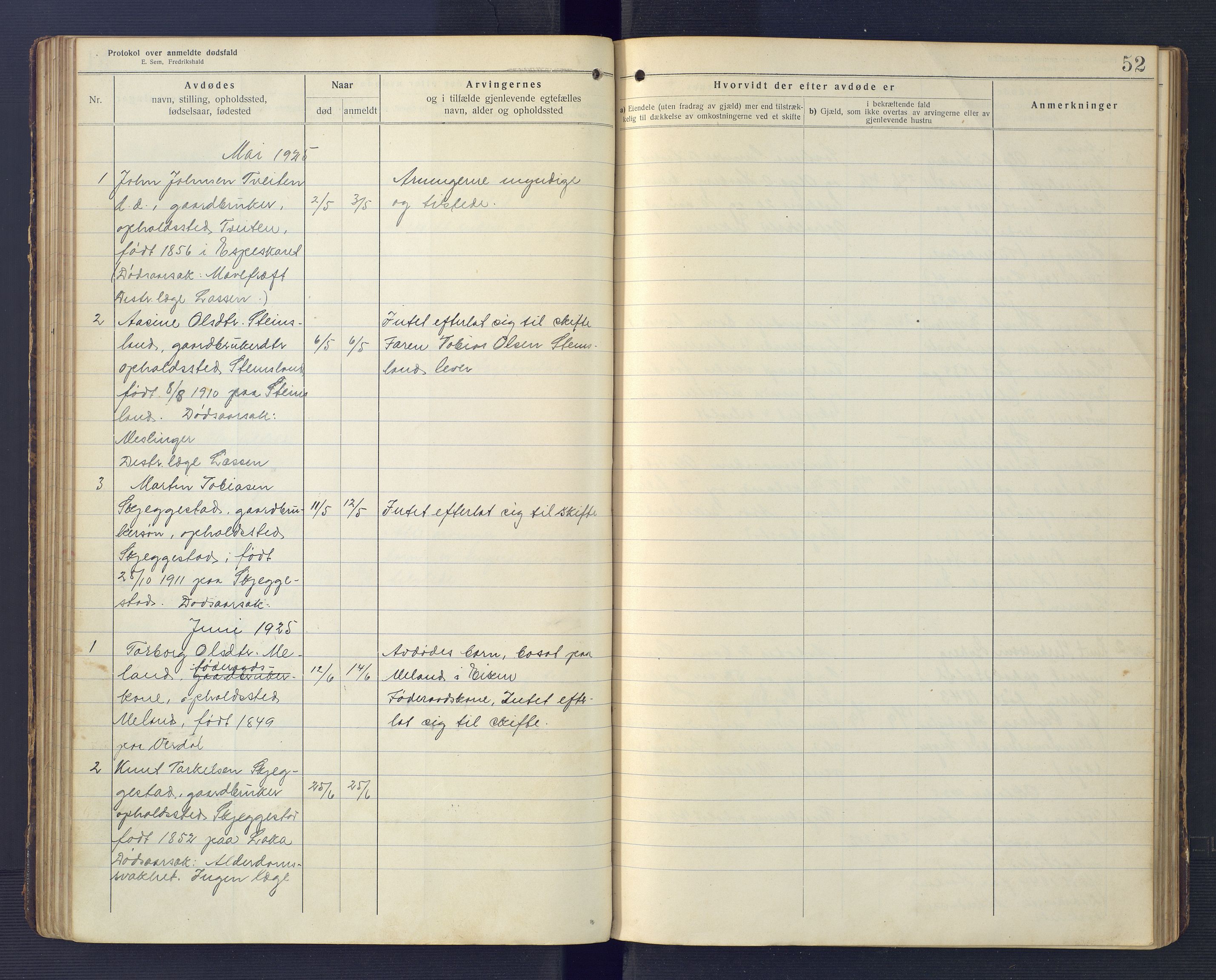 Hægebostad og Eiken lensmannskontor, SAK/1241-0023/F/Fe/L0002: Dødsfallsprotokoll nr 34, 1917-1932, p. 52