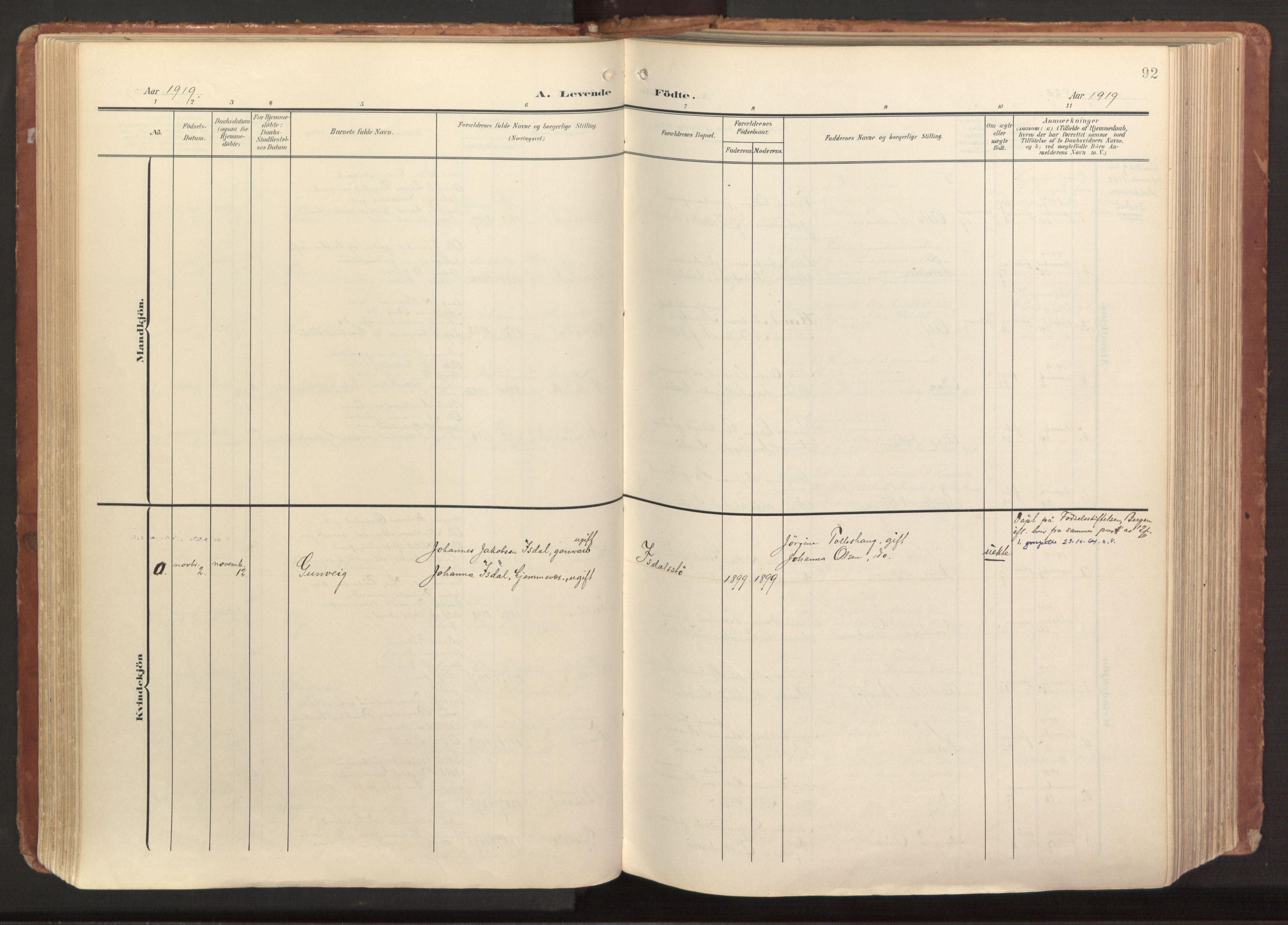 Hamre sokneprestembete, AV/SAB-A-75501/H/Ha/Haa/Haab/L0002: Parish register (official) no. B 2, 1905-1924, p. 92