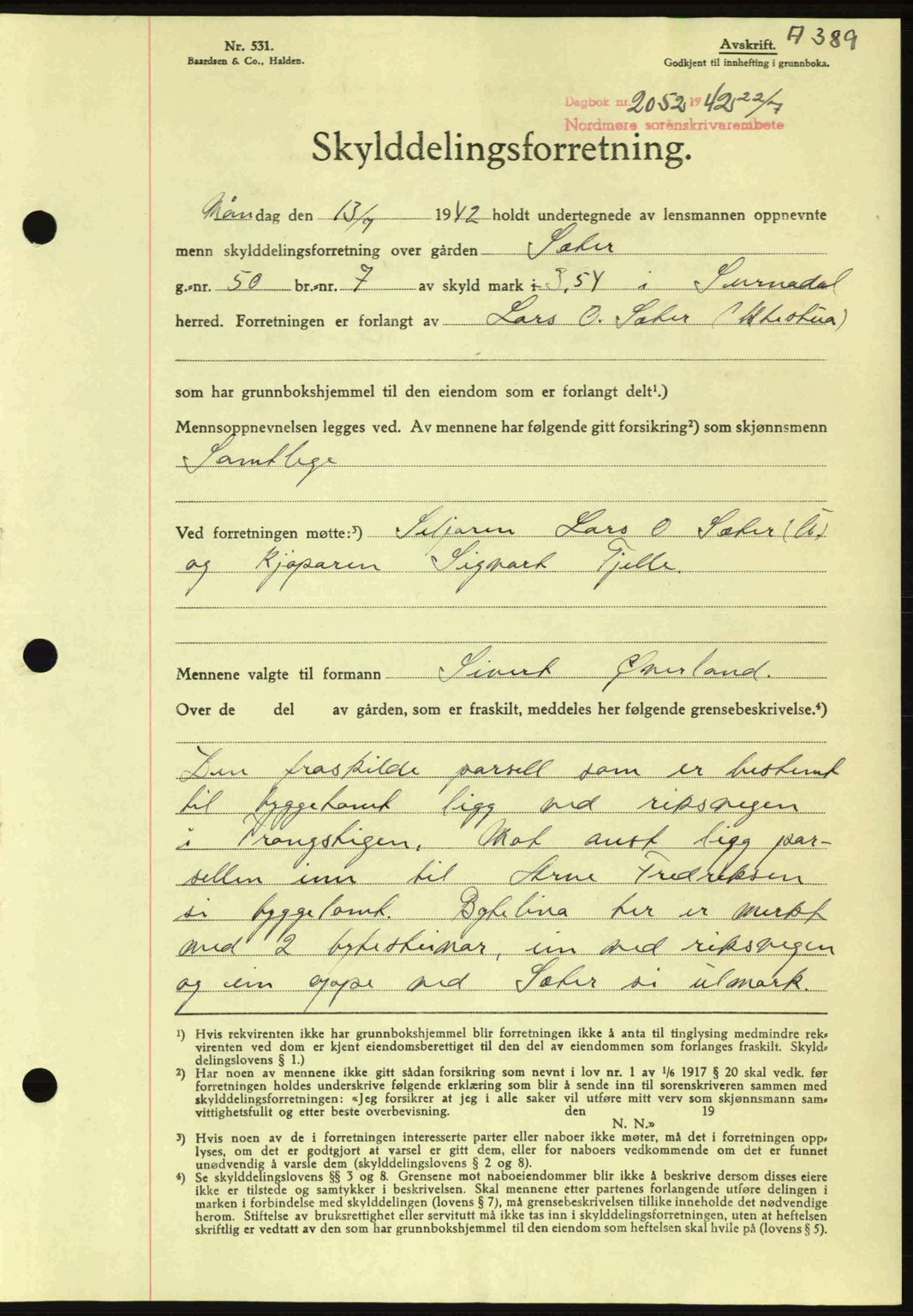 Nordmøre sorenskriveri, AV/SAT-A-4132/1/2/2Ca: Mortgage book no. A93, 1942-1942, Diary no: : 2052/1942