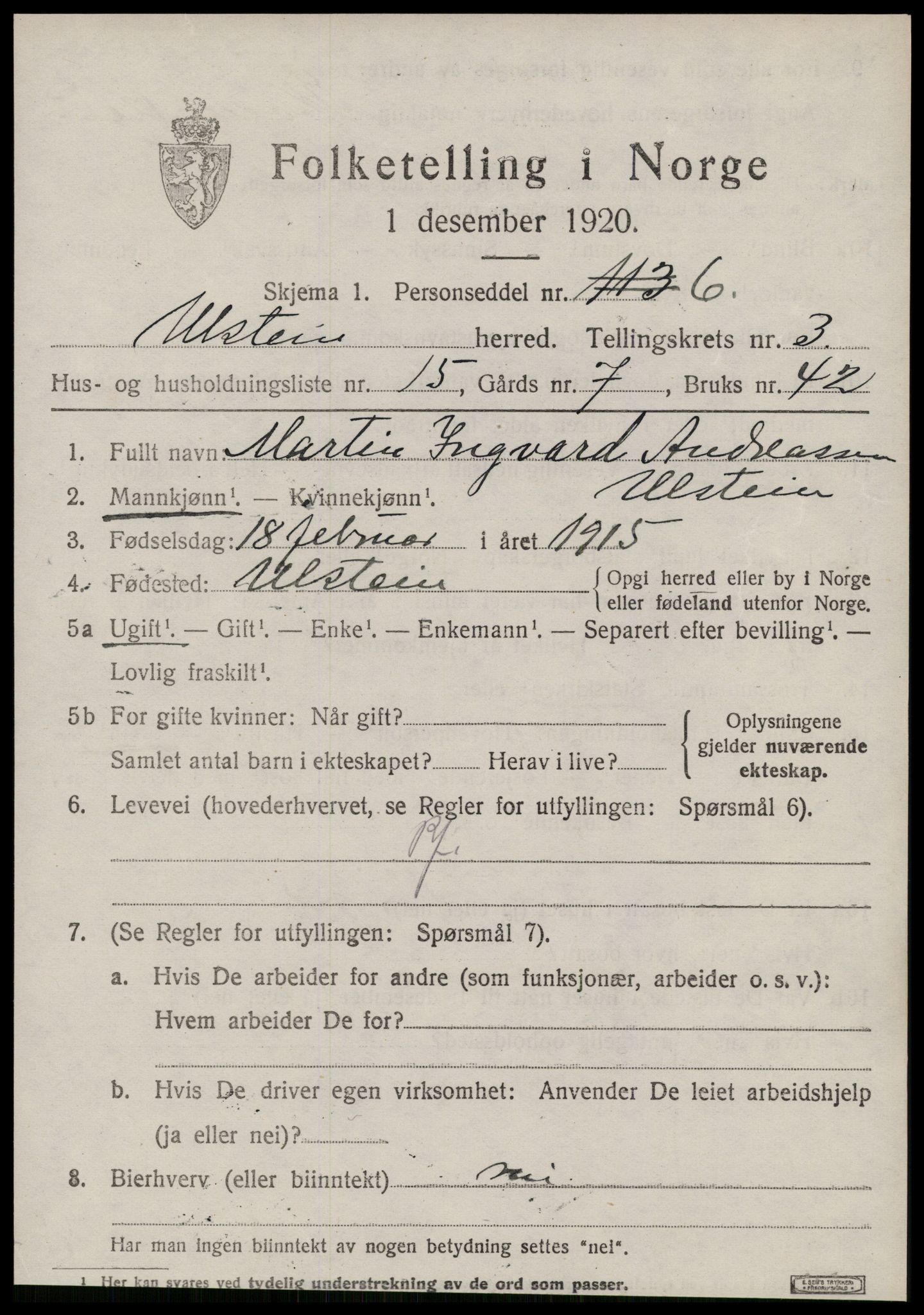 SAT, 1920 census for Ulstein, 1920, p. 1846