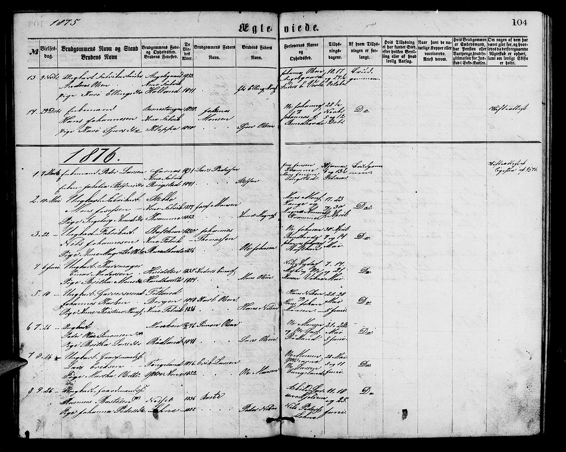 Arna Sokneprestembete, SAB/A-74001/H/Ha/Hab: Parish register (copy) no. A 1, 1869-1879, p. 104