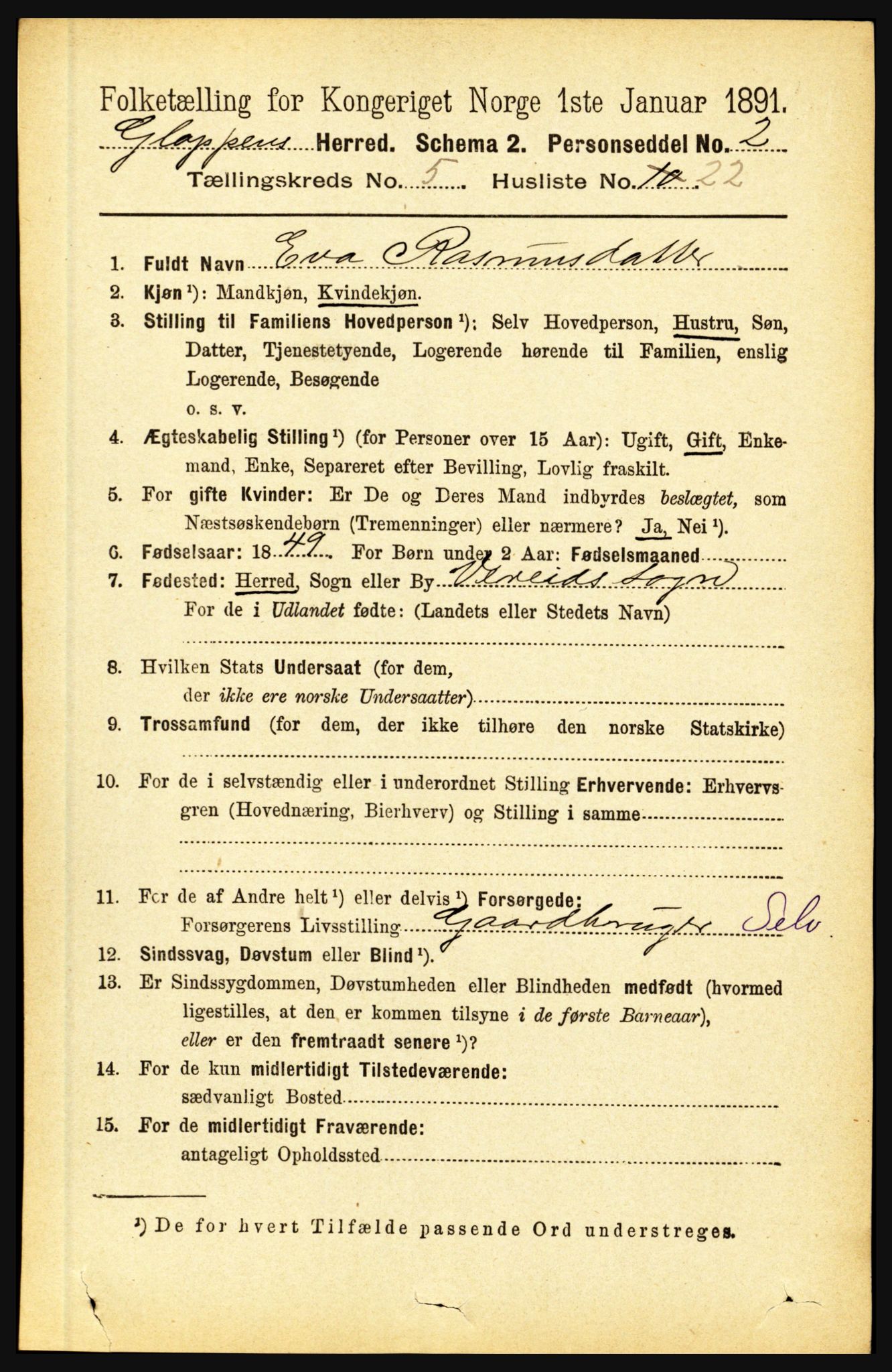 RA, 1891 census for 1445 Gloppen, 1891, p. 2196