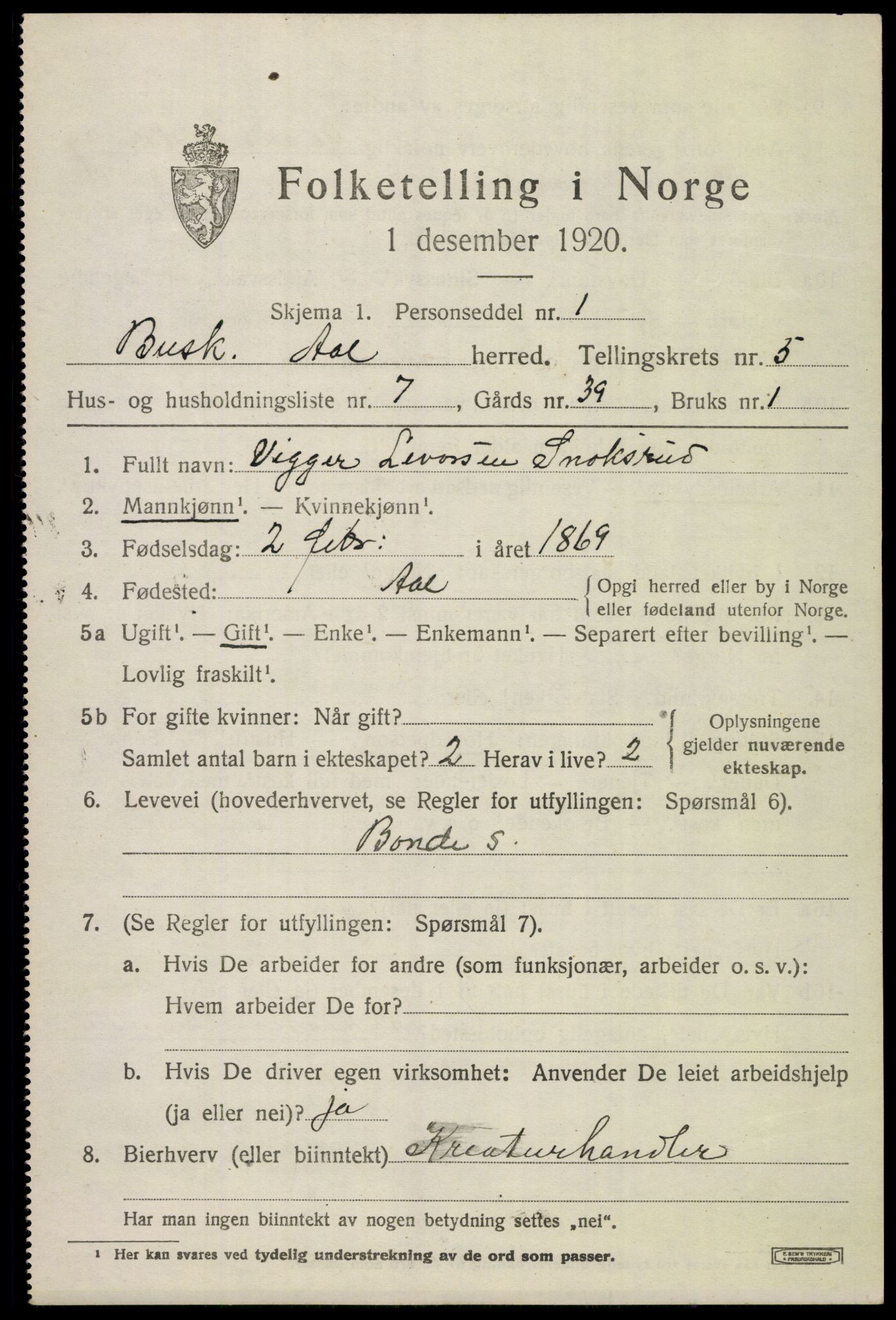 SAKO, 1920 census for Ål, 1920, p. 3912