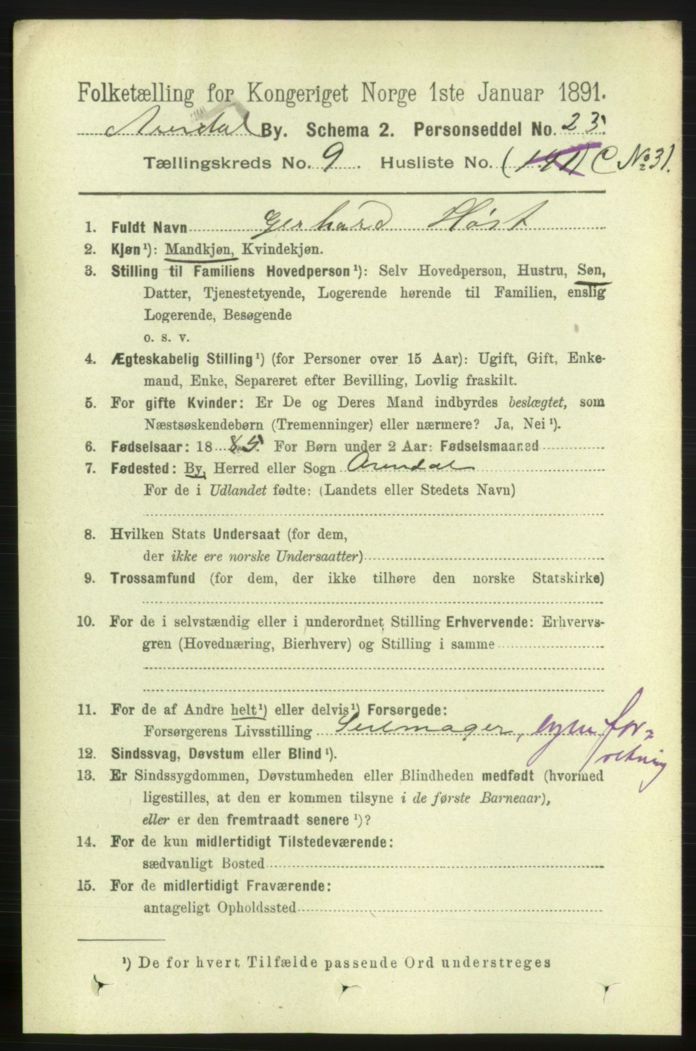 RA, 1891 census for 0903 Arendal, 1891, p. 3577