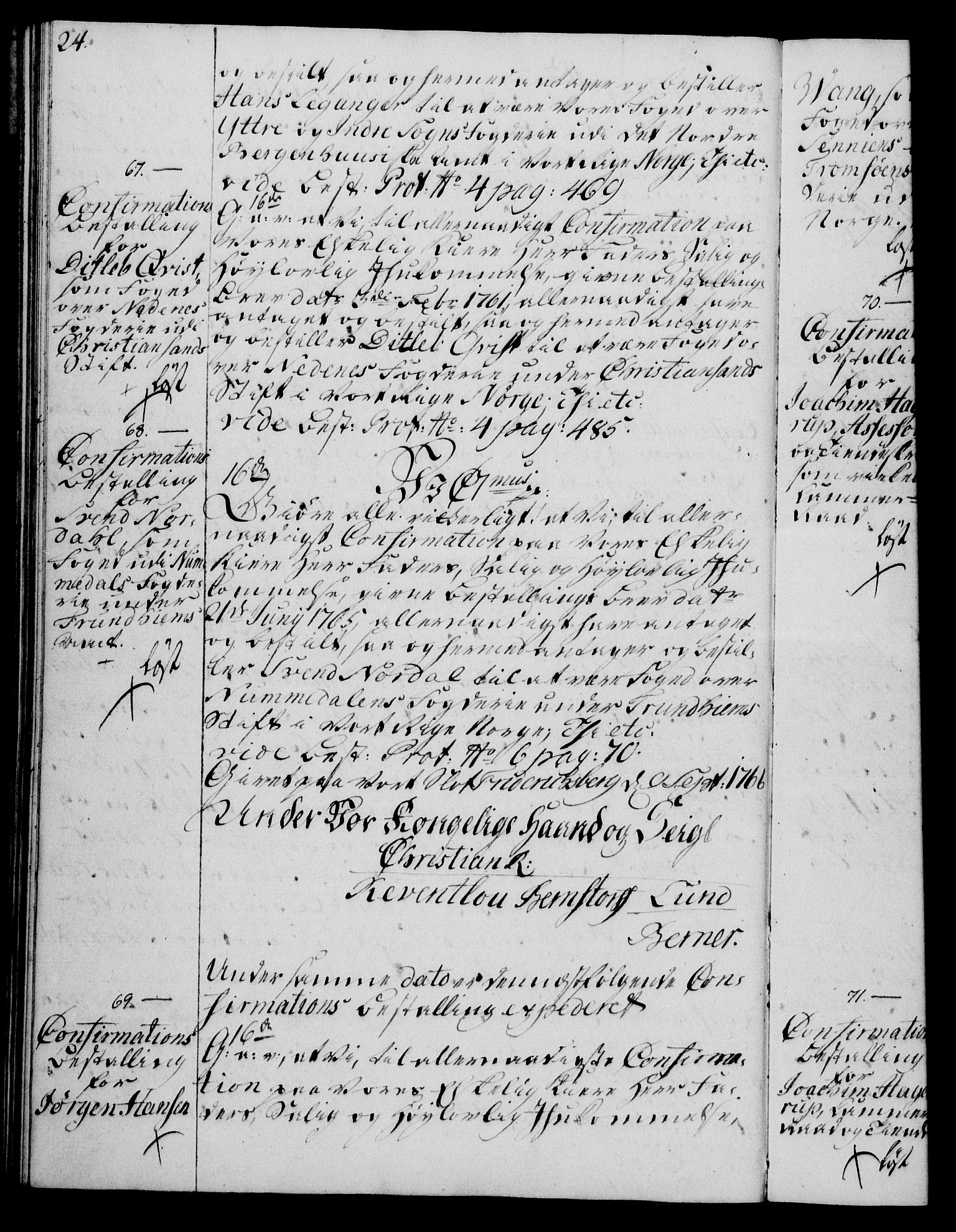 Rentekammeret, Kammerkanselliet, AV/RA-EA-3111/G/Gg/Ggg/L0003: Norsk konfirmasjonsbestallingsprotokoll med register (merket RK 53.33), 1766-1772, p. 24