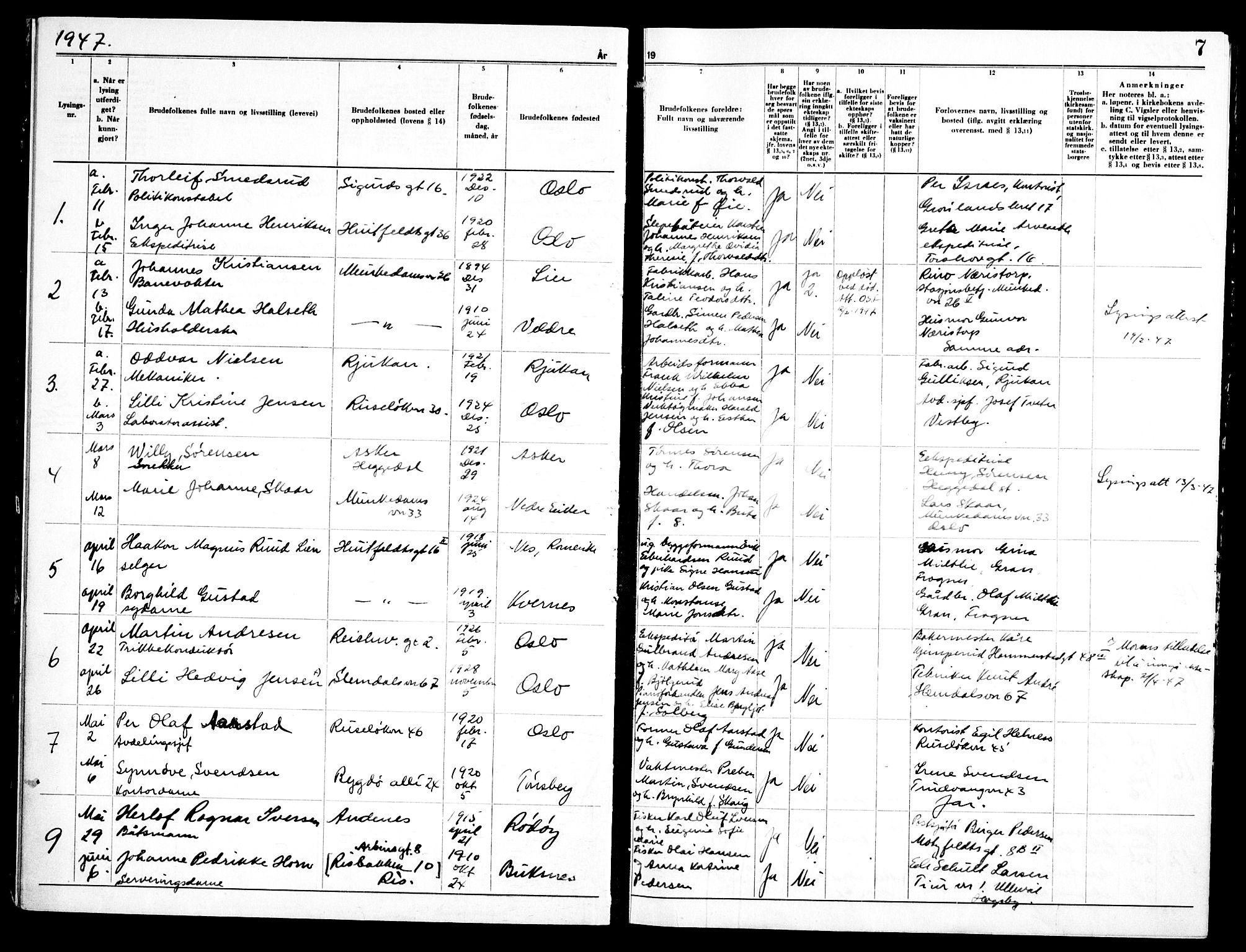 Piperviken prestekontor Kirkebøker, SAO/A-10874/H/L0003: Banns register no. 3, 1945-1959, p. 7