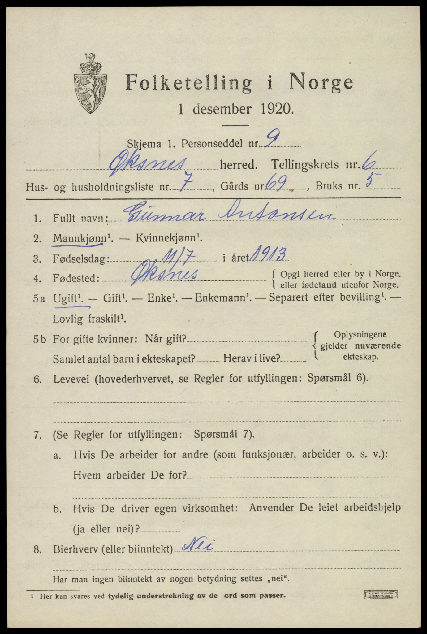 SAT, 1920 census for Øksnes, 1920, p. 4964