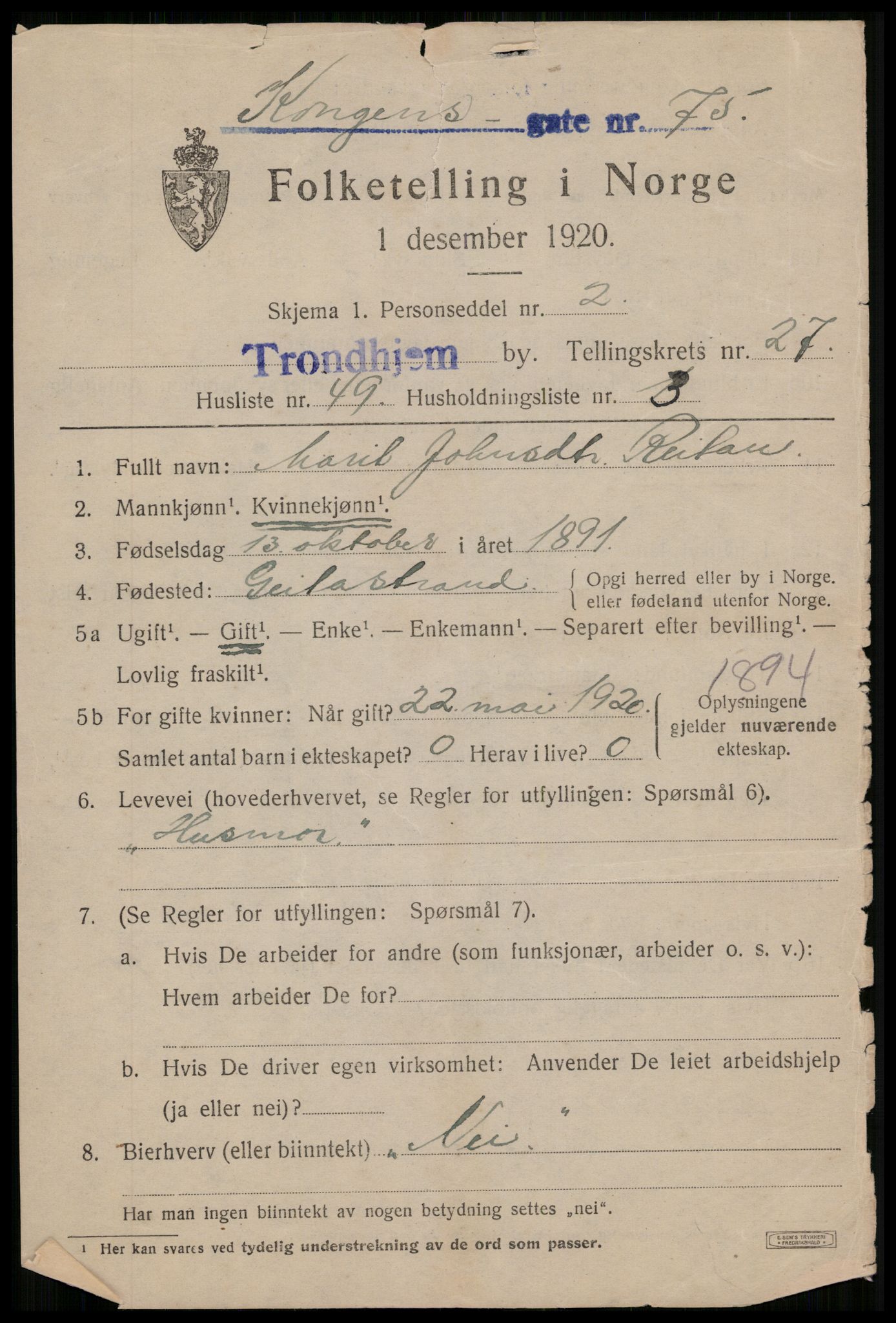 SAT, 1920 census for Trondheim, 1920, p. 70970