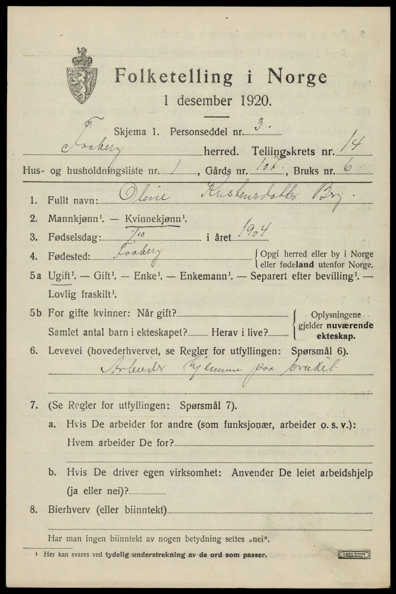 SAH, 1920 census for Fåberg, 1920, p. 14796