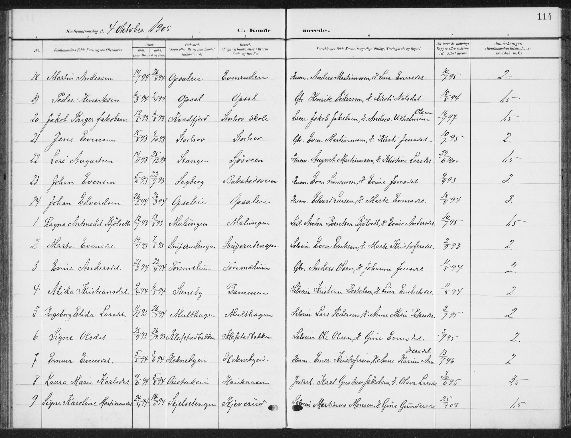 Romedal prestekontor, SAH/PREST-004/K/L0009: Parish register (official) no. 9, 1906-1929, p. 114