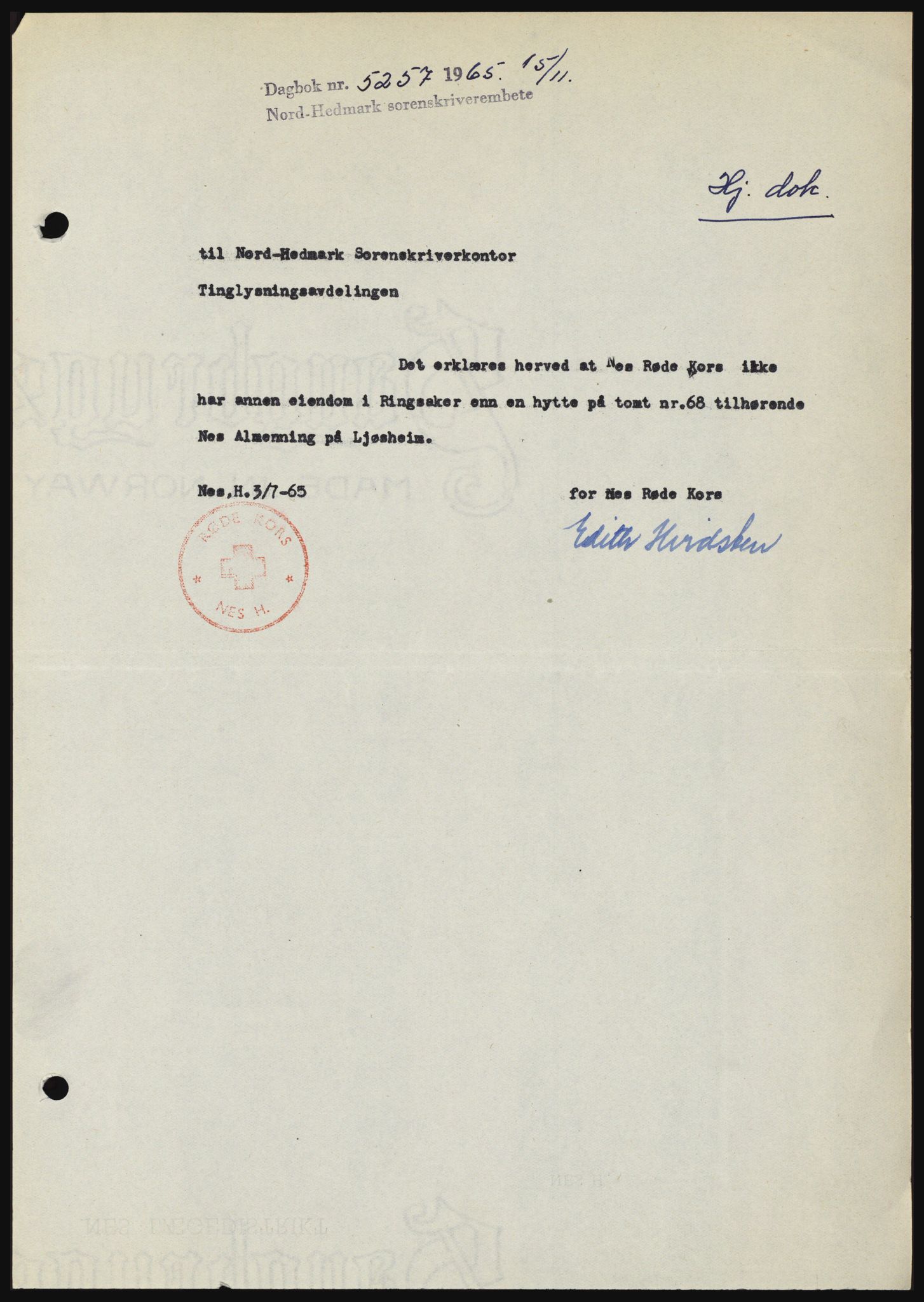 Nord-Hedmark sorenskriveri, SAH/TING-012/H/Hc/L0022: Mortgage book no. 22, 1965-1965, Diary no: : 5257/1965