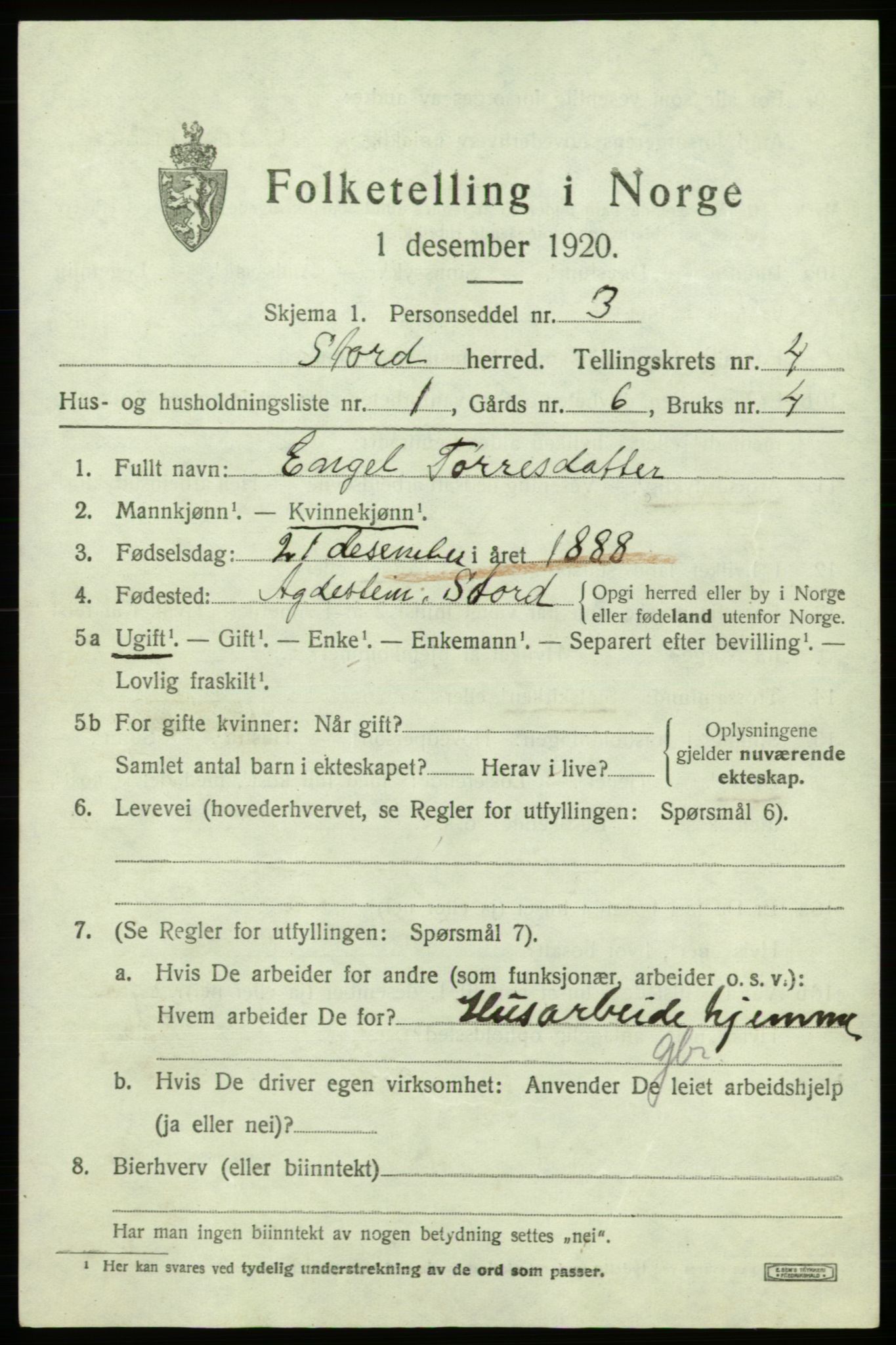 SAB, 1920 census for Stord, 1920, p. 1943