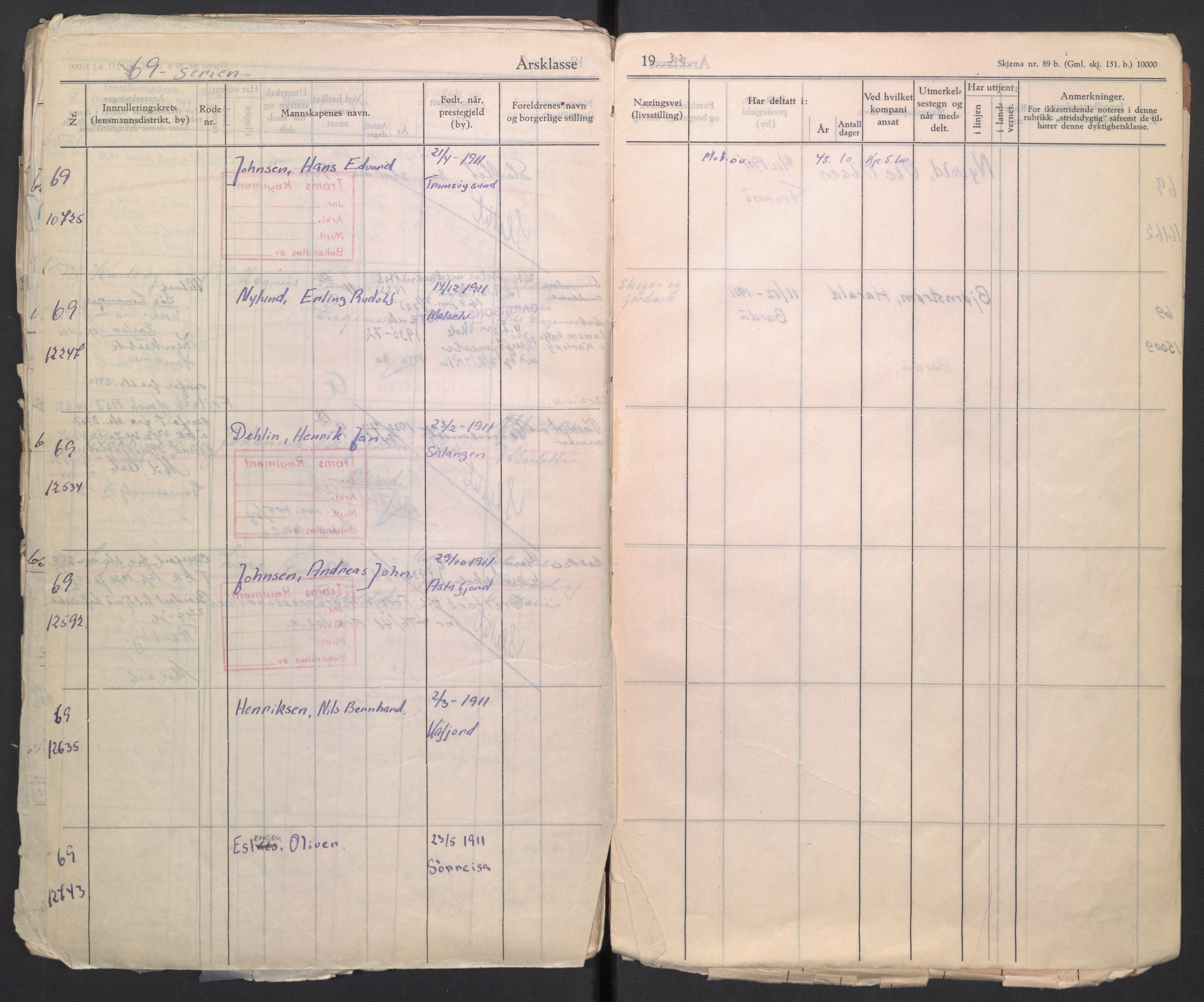 Forsvaret, Troms infanteriregiment nr. 16, AV/RA-RAFA-3146/P/Pa/L0006/0003: Ruller / Rulle for Lyngen bataljons menige mannskaper, årsklasse 1932, 1932