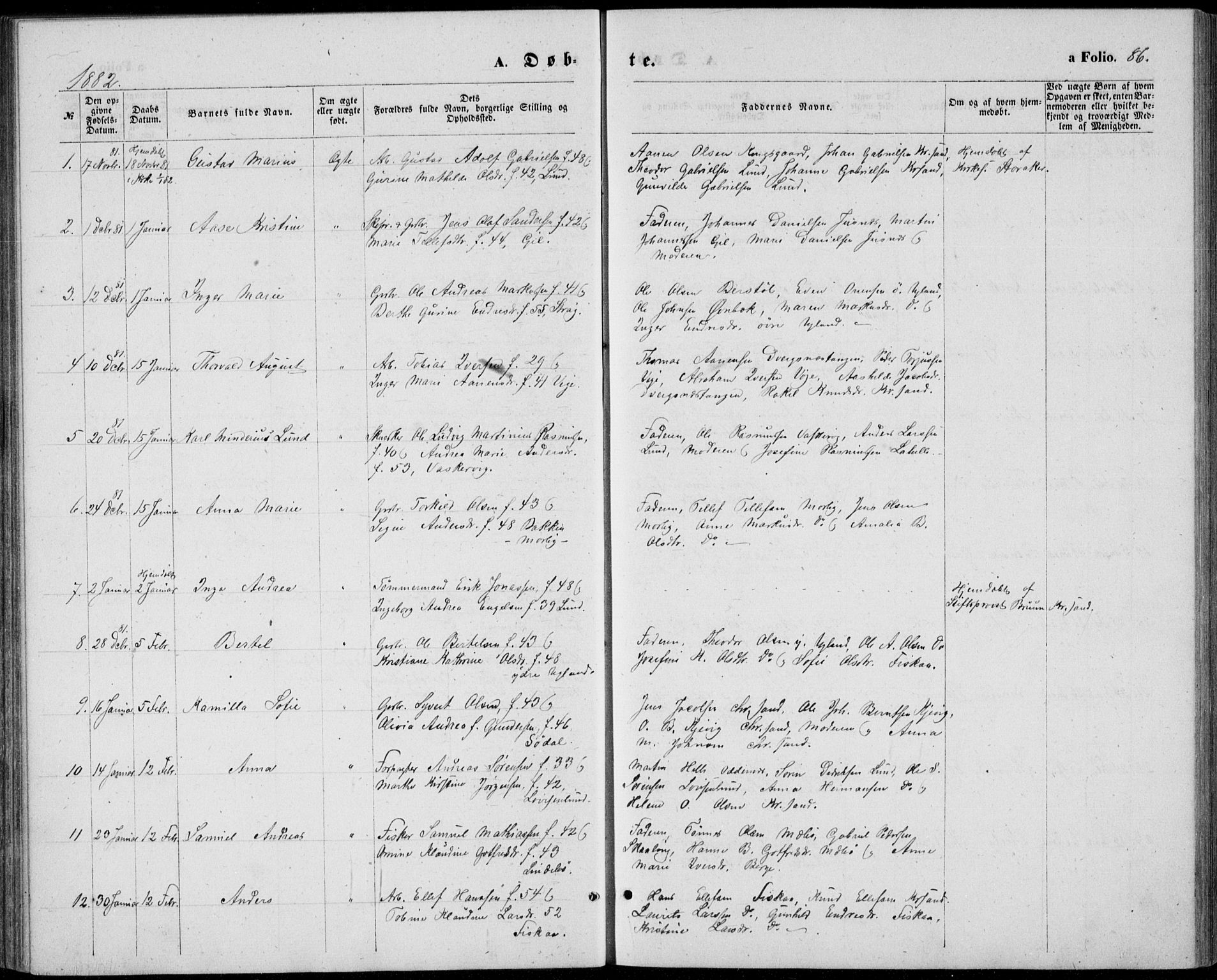 Oddernes sokneprestkontor, AV/SAK-1111-0033/F/Fb/Fba/L0007: Parish register (copy) no. B 7, 1869-1887, p. 86