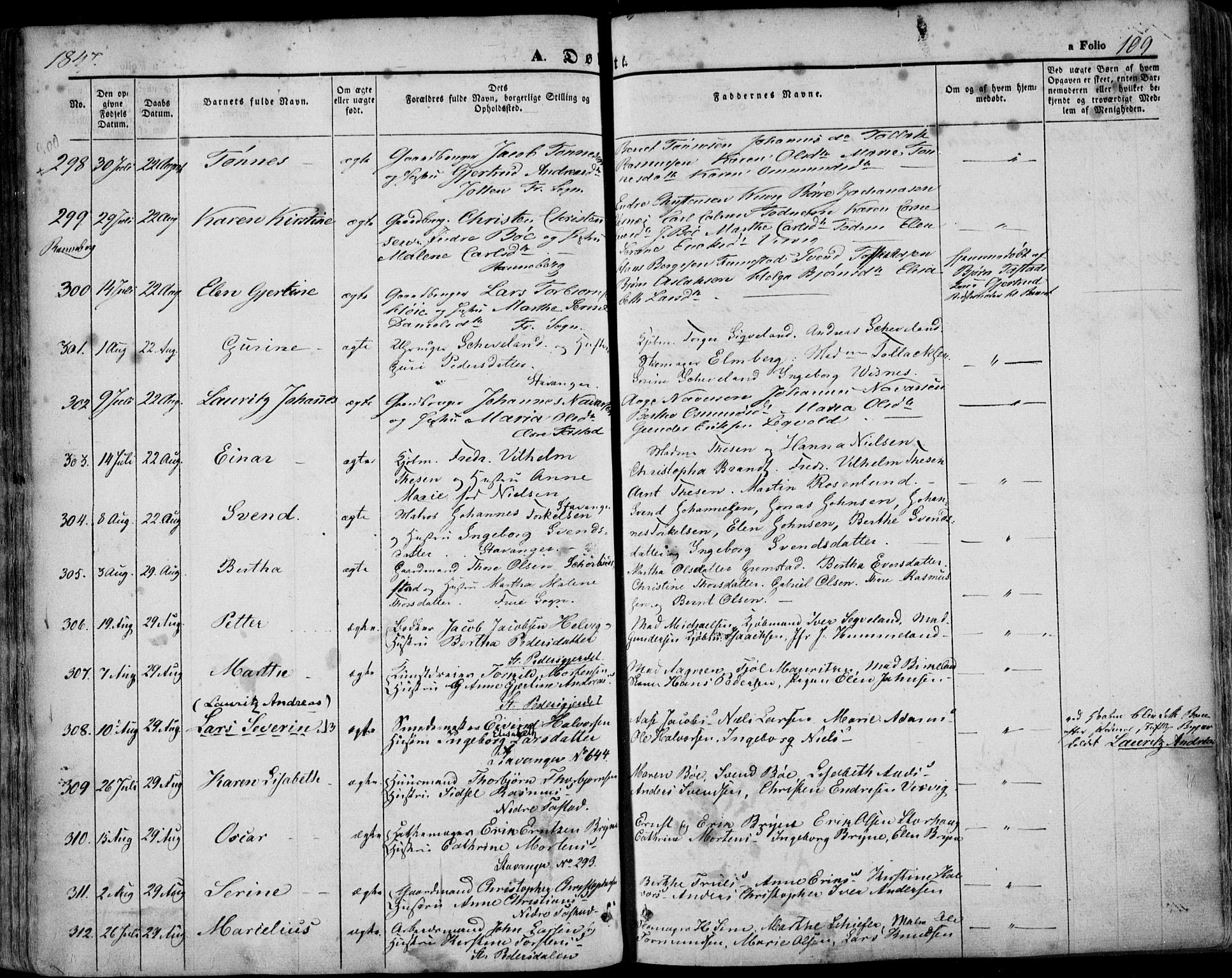 Domkirken sokneprestkontor, SAST/A-101812/001/30/30BA/L0016: Parish register (official) no. A 15, 1844-1854, p. 109