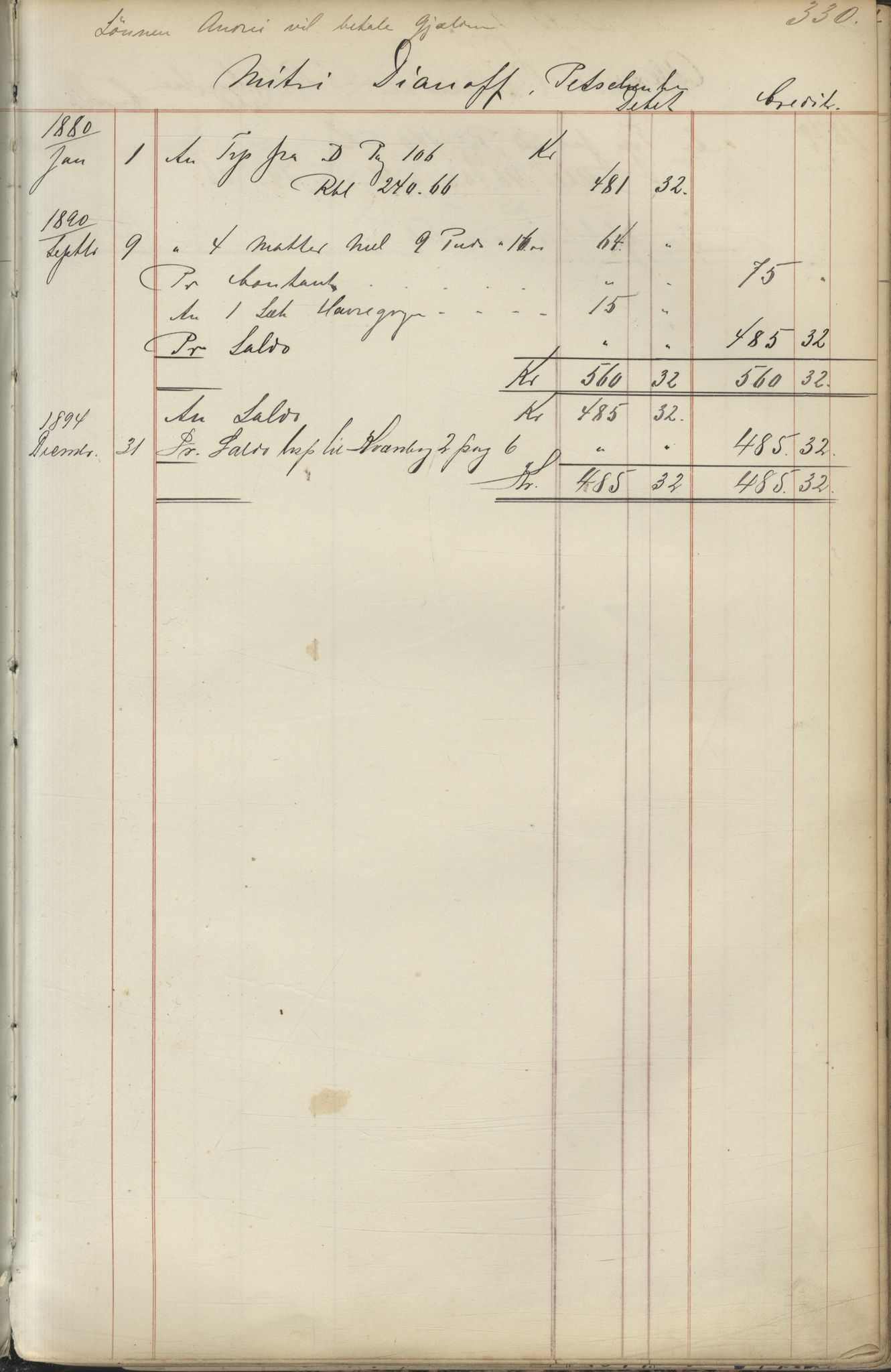 Brodtkorb handel A/S, VAMU/A-0001/F/Fc/L0001/0001: Konto for kvener og nordmenn på Kolahalvøya  / Conto for Kvæner og Nordmænd paa Russefinmarken No 1, 1868-1894, p. 330