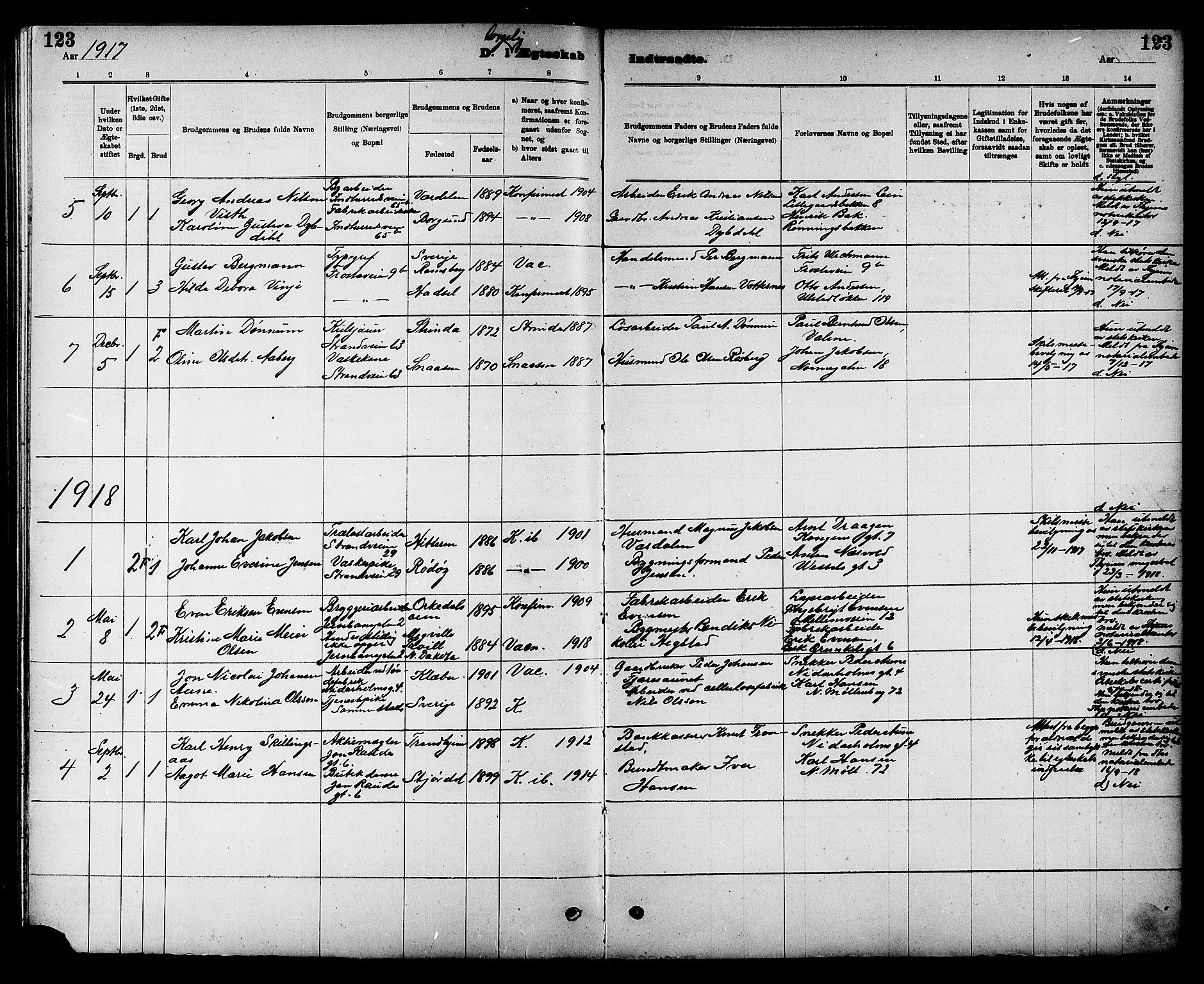 Ministerialprotokoller, klokkerbøker og fødselsregistre - Sør-Trøndelag, SAT/A-1456/605/L0255: Parish register (copy) no. 605C02, 1908-1918, p. 123