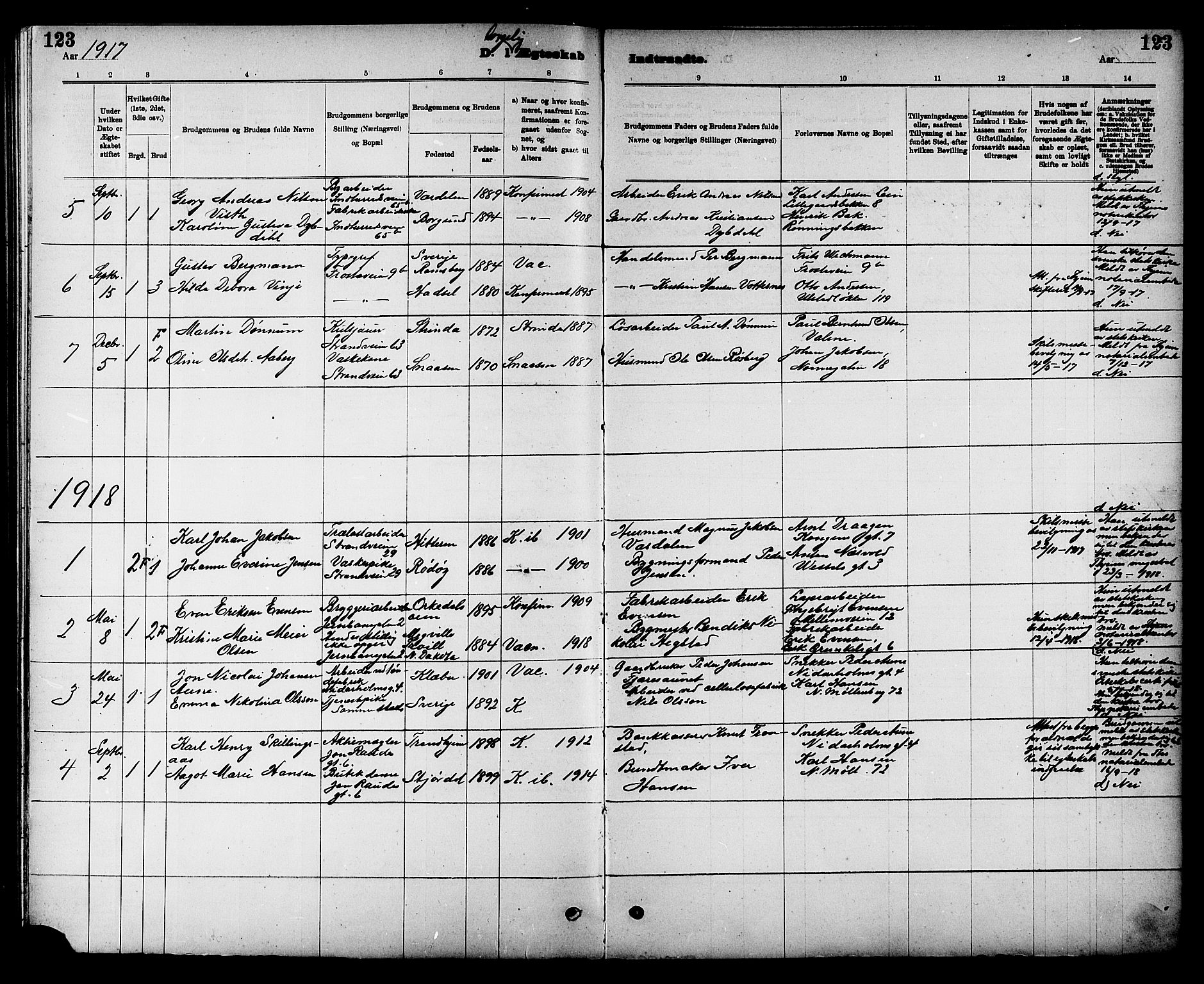 Ministerialprotokoller, klokkerbøker og fødselsregistre - Sør-Trøndelag, AV/SAT-A-1456/605/L0255: Parish register (copy) no. 605C02, 1908-1918, p. 123