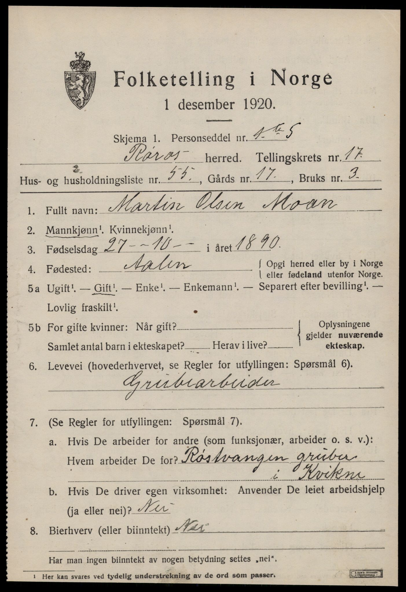 SAT, 1920 census for Røros, 1920, p. 12234