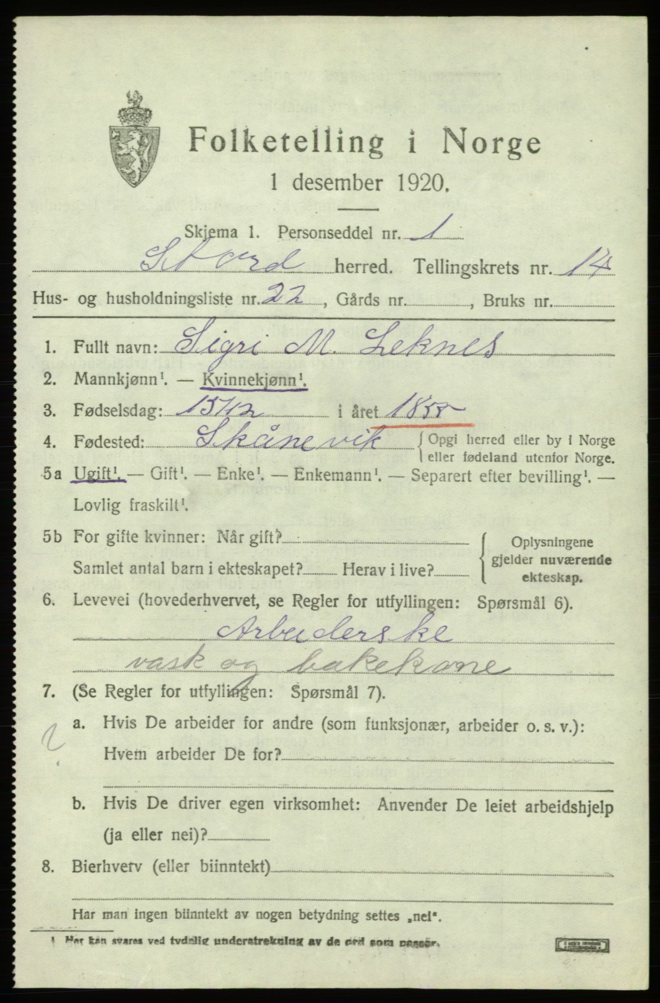 SAB, 1920 census for Stord, 1920, p. 8203