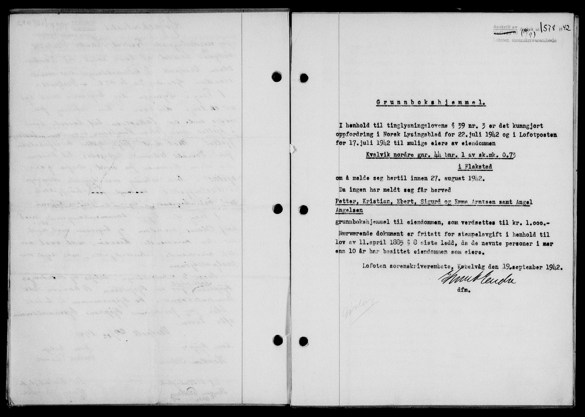 Lofoten sorenskriveri, SAT/A-0017/1/2/2C/L0010a: Mortgage book no. 10a, 1942-1943, Diary no: : 1578/1942
