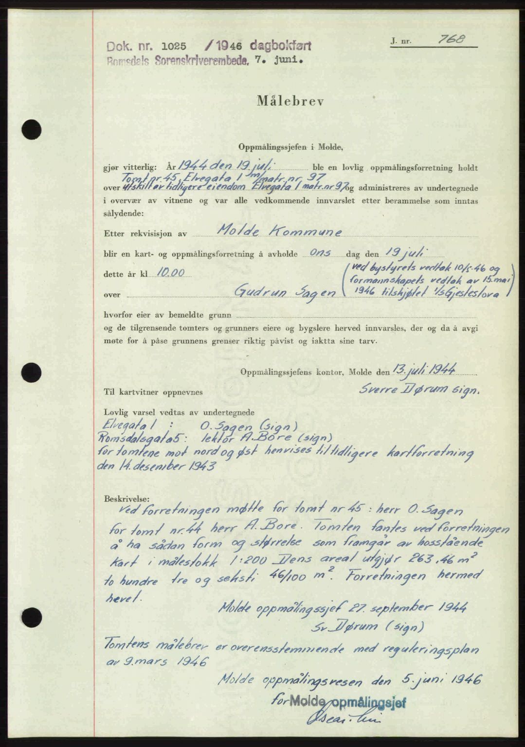 Romsdal sorenskriveri, AV/SAT-A-4149/1/2/2C: Mortgage book no. A20, 1946-1946, Diary no: : 1025/1946