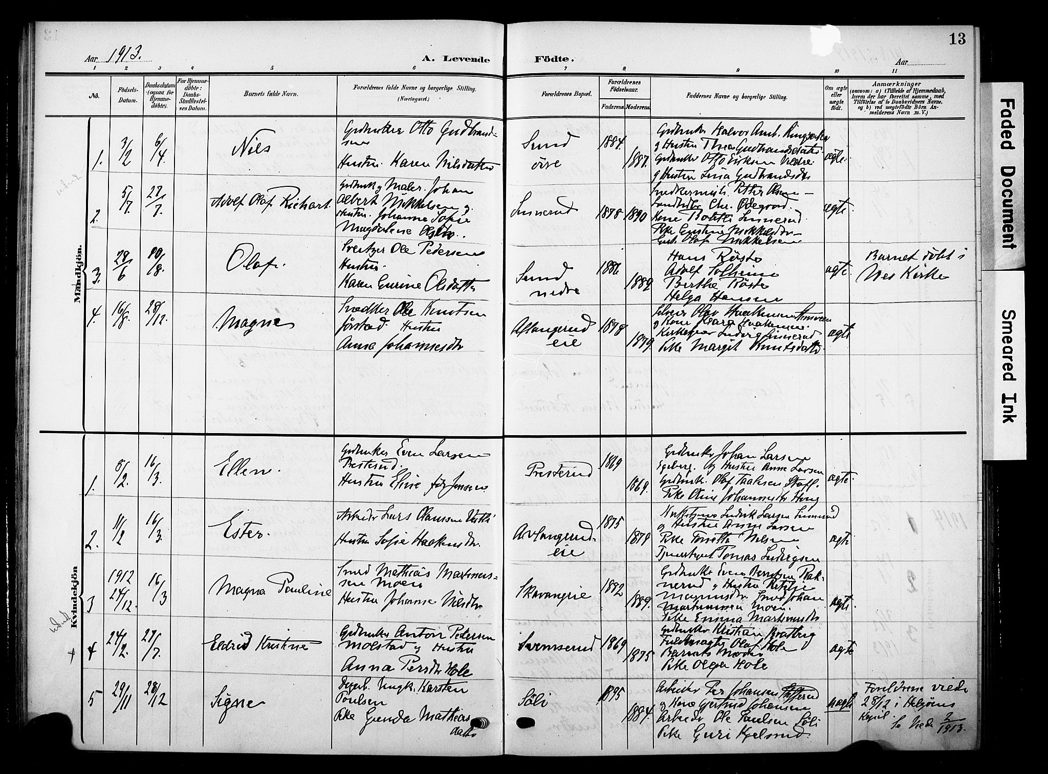 Nes prestekontor, Hedmark, SAH/PREST-020/K/Ka/L0012: Parish register (official) no. 12, 1906-1920, p. 13