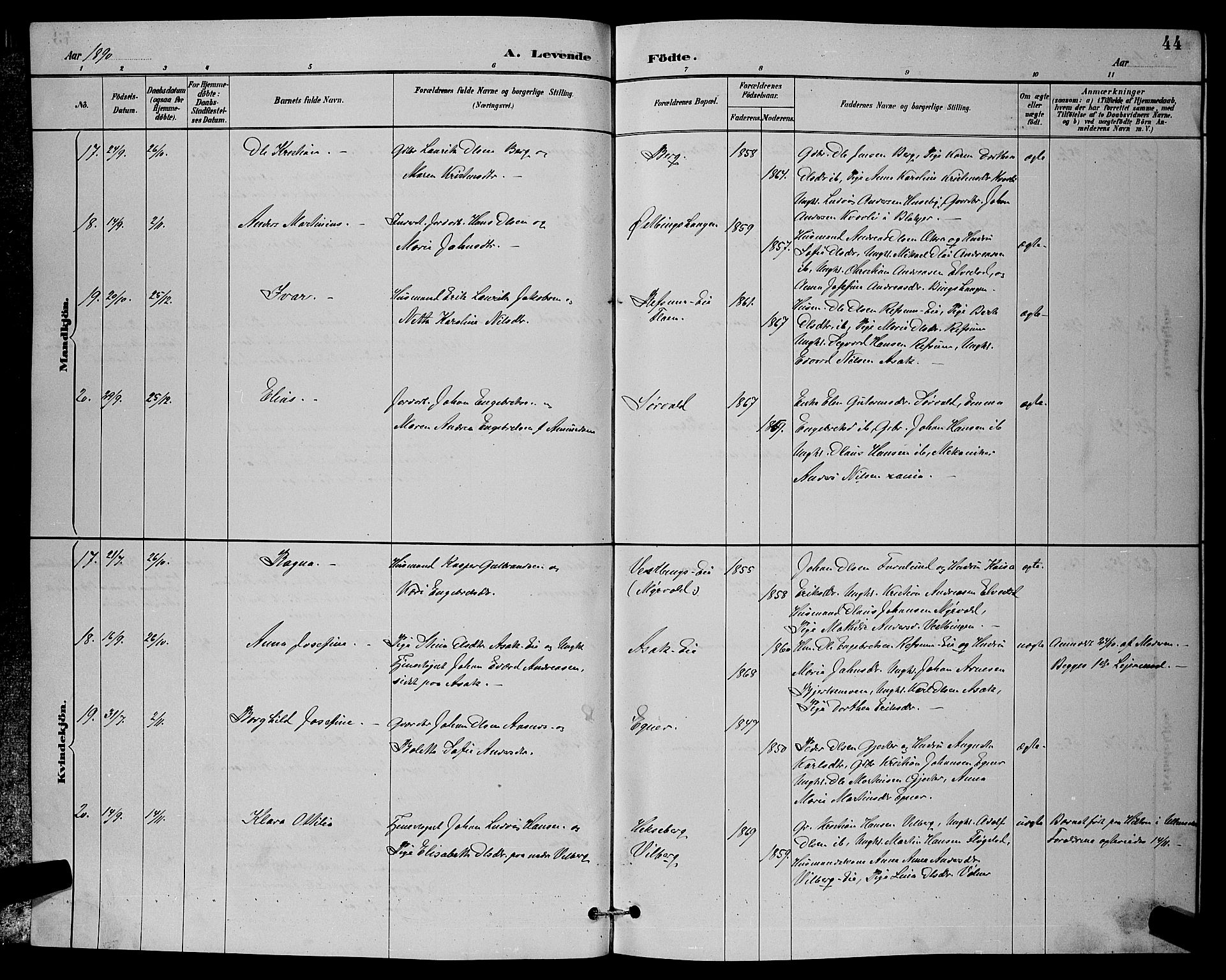 Sørum prestekontor Kirkebøker, AV/SAO-A-10303/G/Ga/L0005: Parish register (copy) no. I 5.1, 1886-1894, p. 44