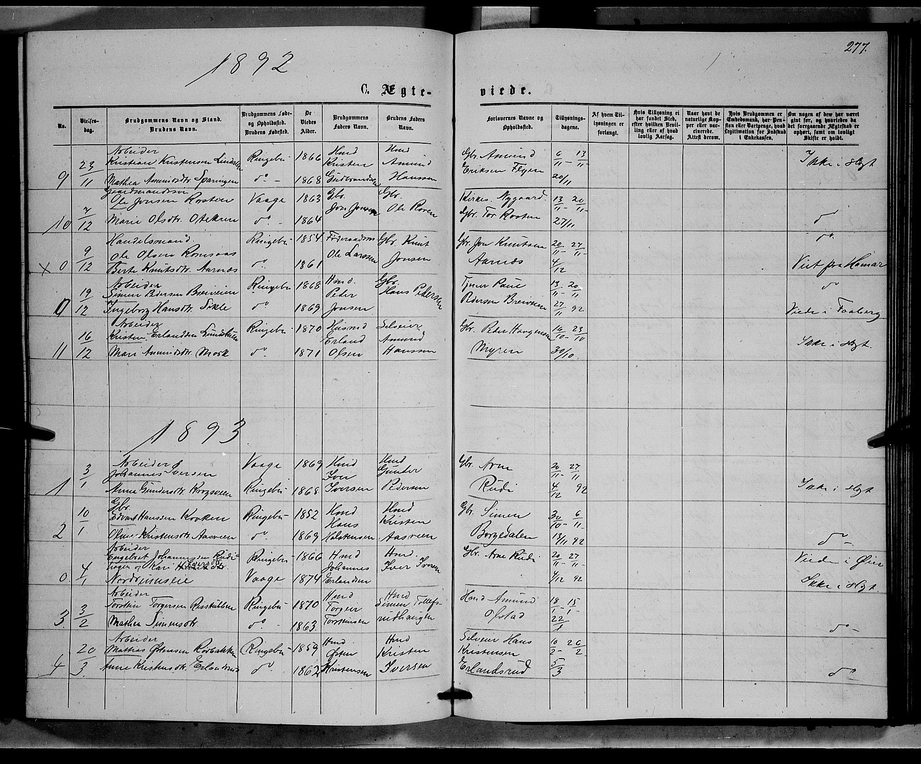 Ringebu prestekontor, SAH/PREST-082/H/Ha/Hab/L0006: Parish register (copy) no. 6, 1880-1898, p. 277