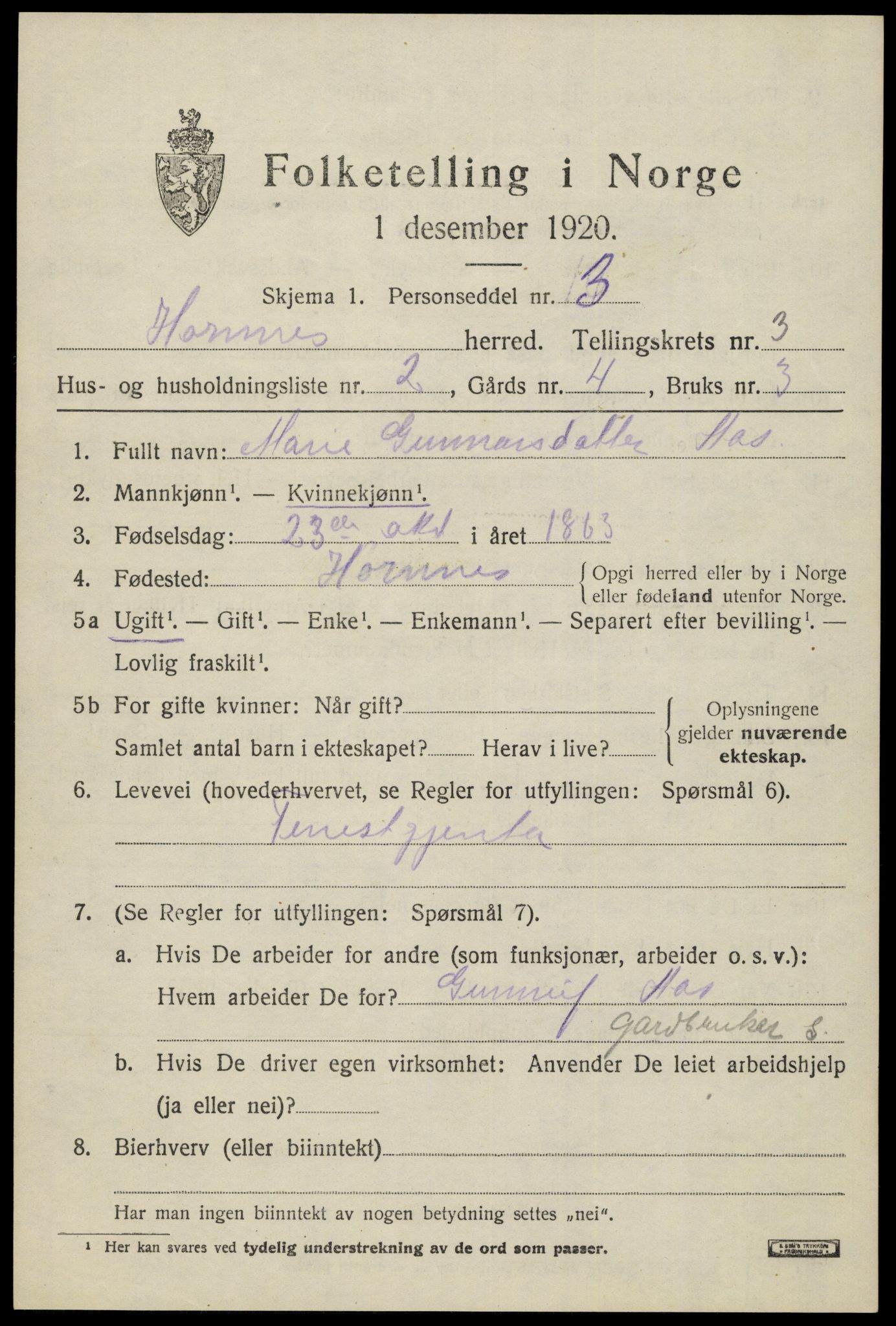 SAK, 1920 census for Hornnes, 1920, p. 821