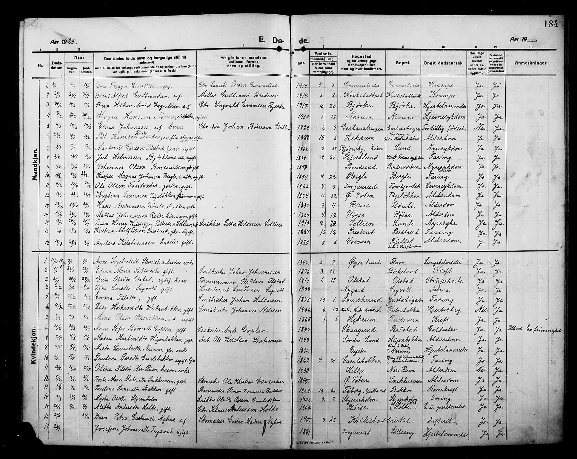 Kolbu prestekontor, SAH/PREST-110/H/Ha/Hab/L0001: Parish register (copy) no. 1, 1912-1925, p. 184