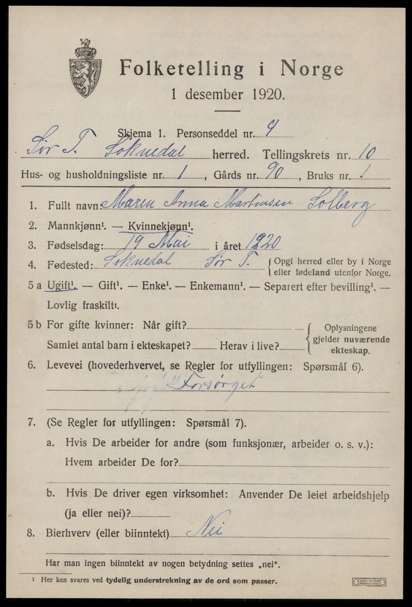 SAT, 1920 census for Soknedal, 1920, p. 4592