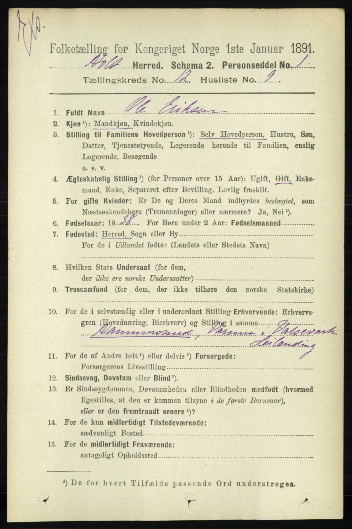 RA, Census 1891 for Nedenes amt: Gjenparter av personsedler for beslektede ektefeller, menn, 1891, p. 340