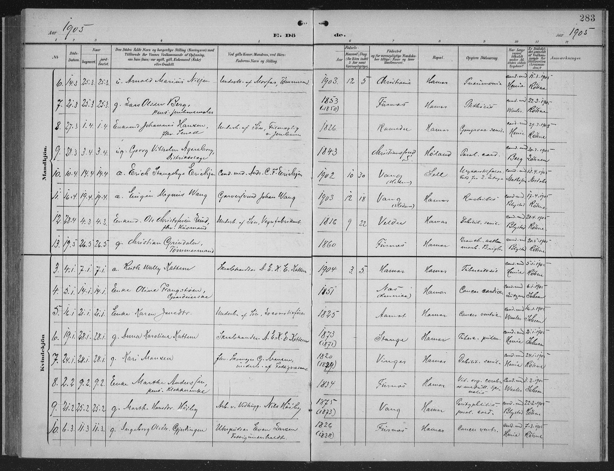 Hamar prestekontor, AV/SAH-DOMPH-002/H/Ha/Haa/L0001: Parish register (official) no. 1, 1900-1914, p. 283