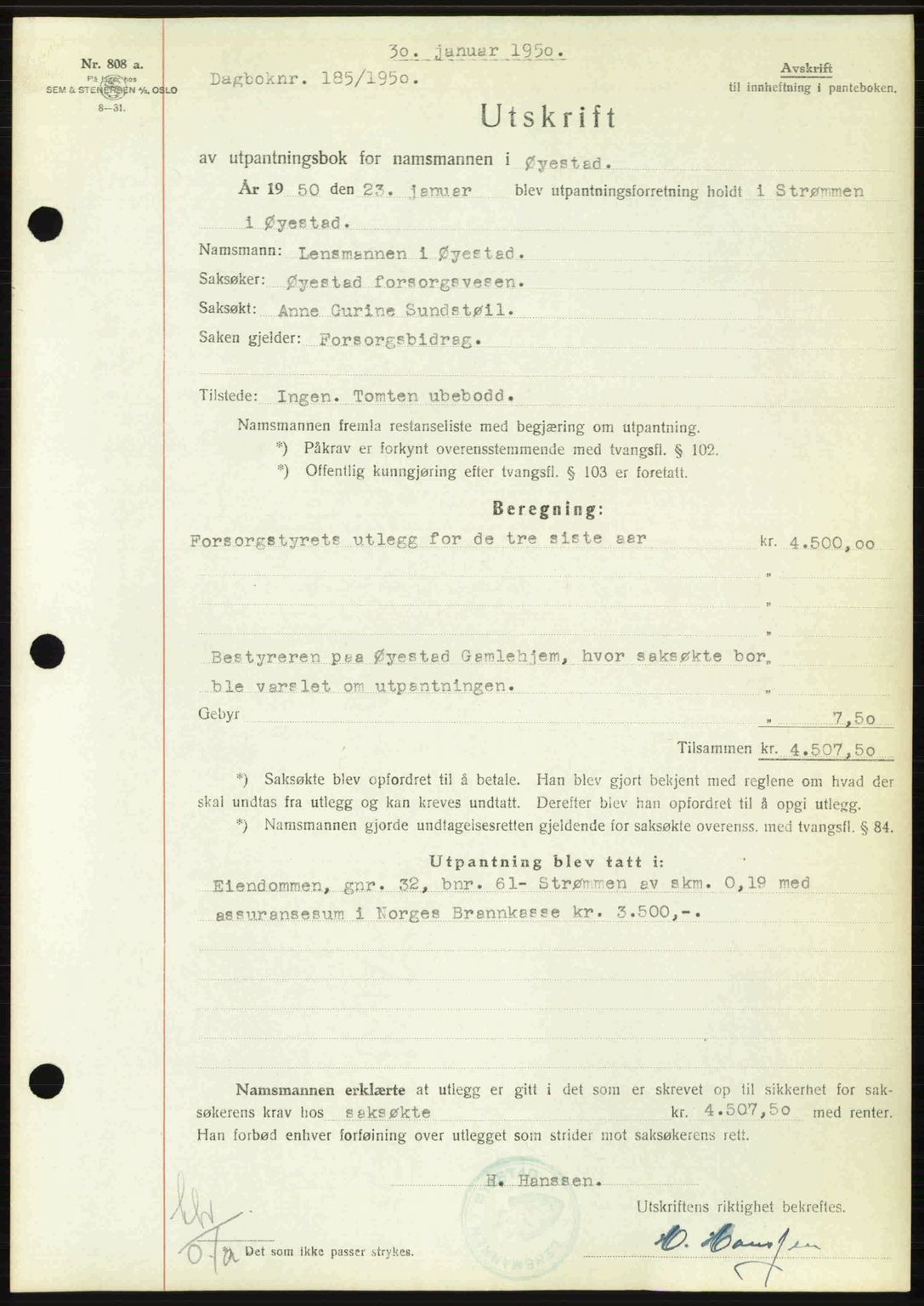 Nedenes sorenskriveri, SAK/1221-0006/G/Gb/Gba/L0062: Mortgage book no. A14, 1949-1950, Diary no: : 185/1950