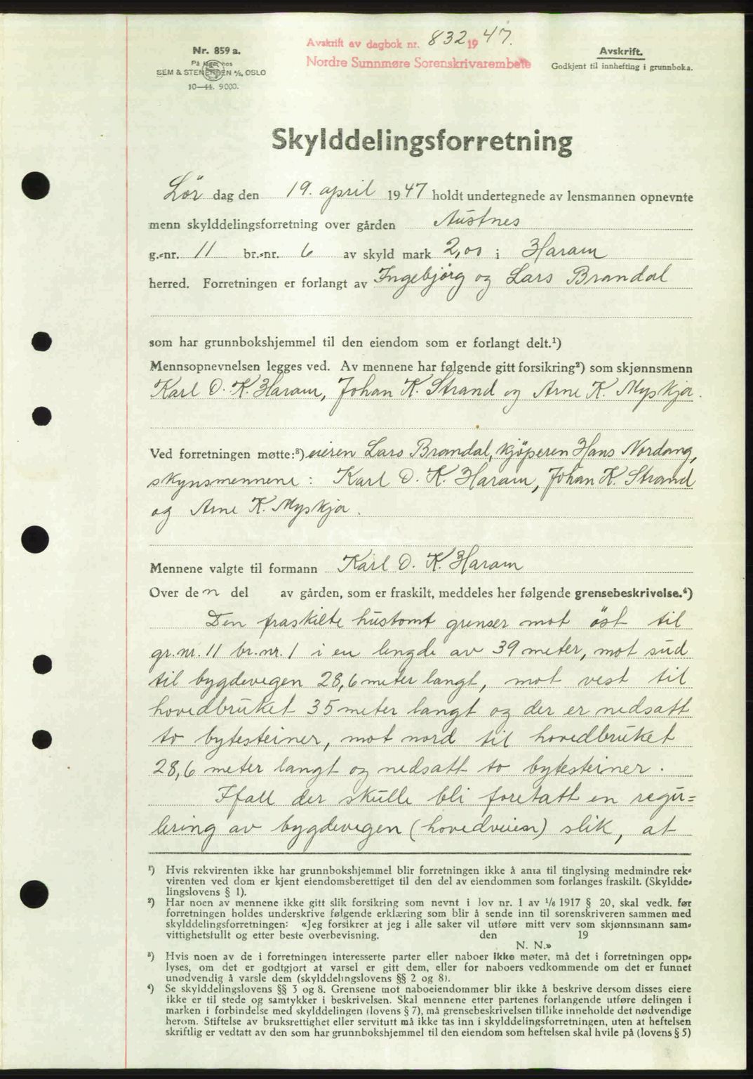 Nordre Sunnmøre sorenskriveri, AV/SAT-A-0006/1/2/2C/2Ca: Mortgage book no. A24, 1947-1947, Diary no: : 832/1947