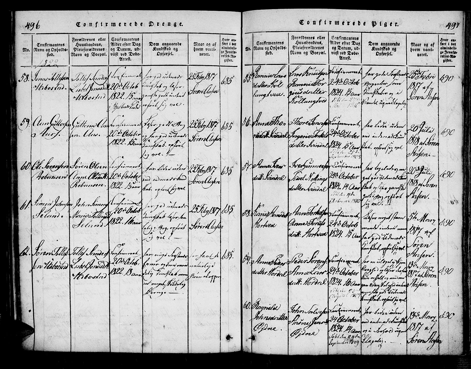 Bjelland sokneprestkontor, SAK/1111-0005/F/Fa/Fac/L0001: Parish register (official) no. A 1, 1815-1866, p. 496-497