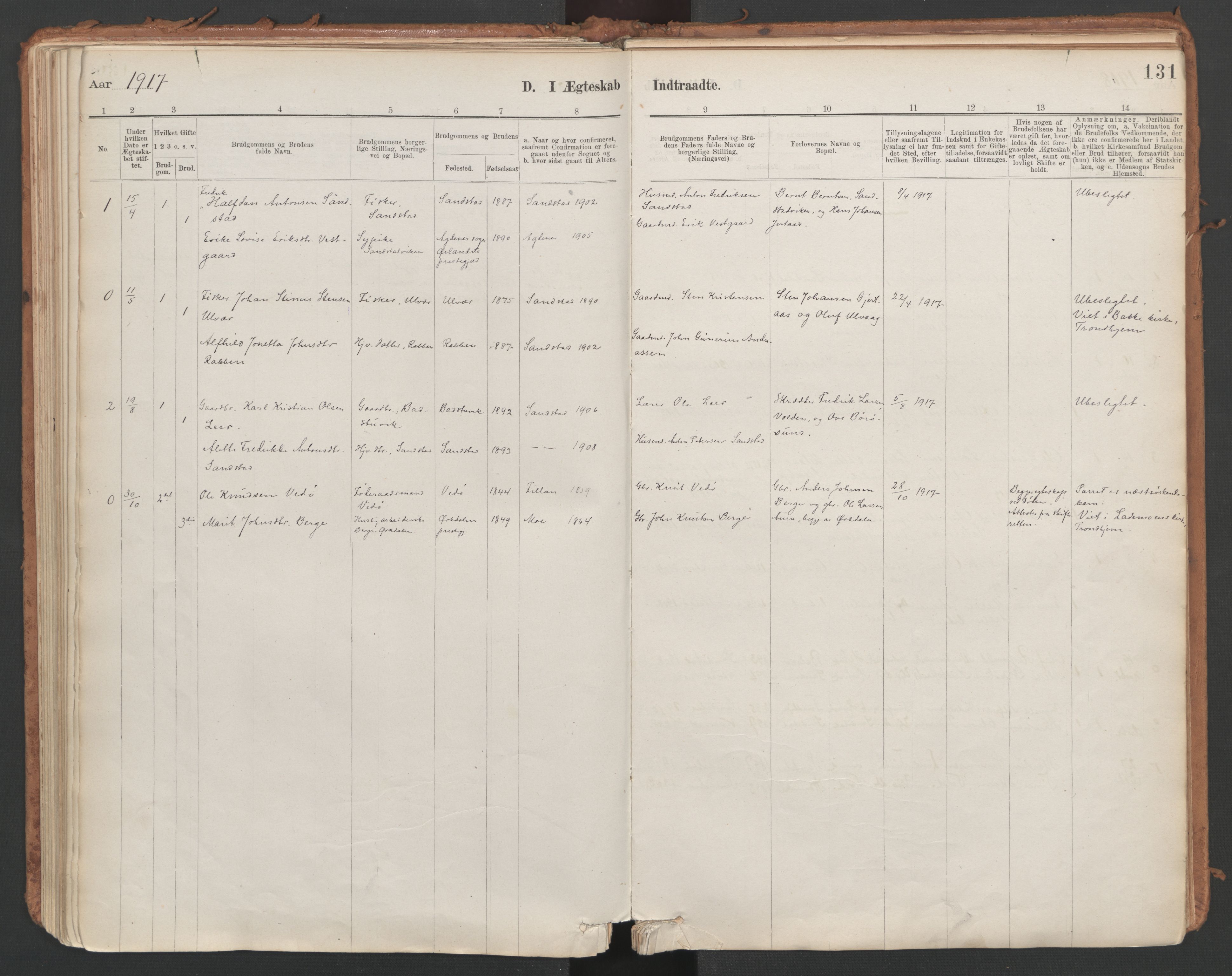 Ministerialprotokoller, klokkerbøker og fødselsregistre - Sør-Trøndelag, SAT/A-1456/639/L0572: Parish register (official) no. 639A01, 1890-1920, p. 131