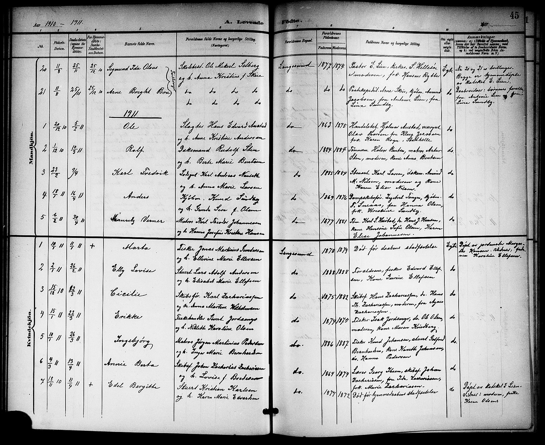Langesund kirkebøker, SAKO/A-280/G/Ga/L0006: Parish register (copy) no. 6, 1899-1918, p. 45