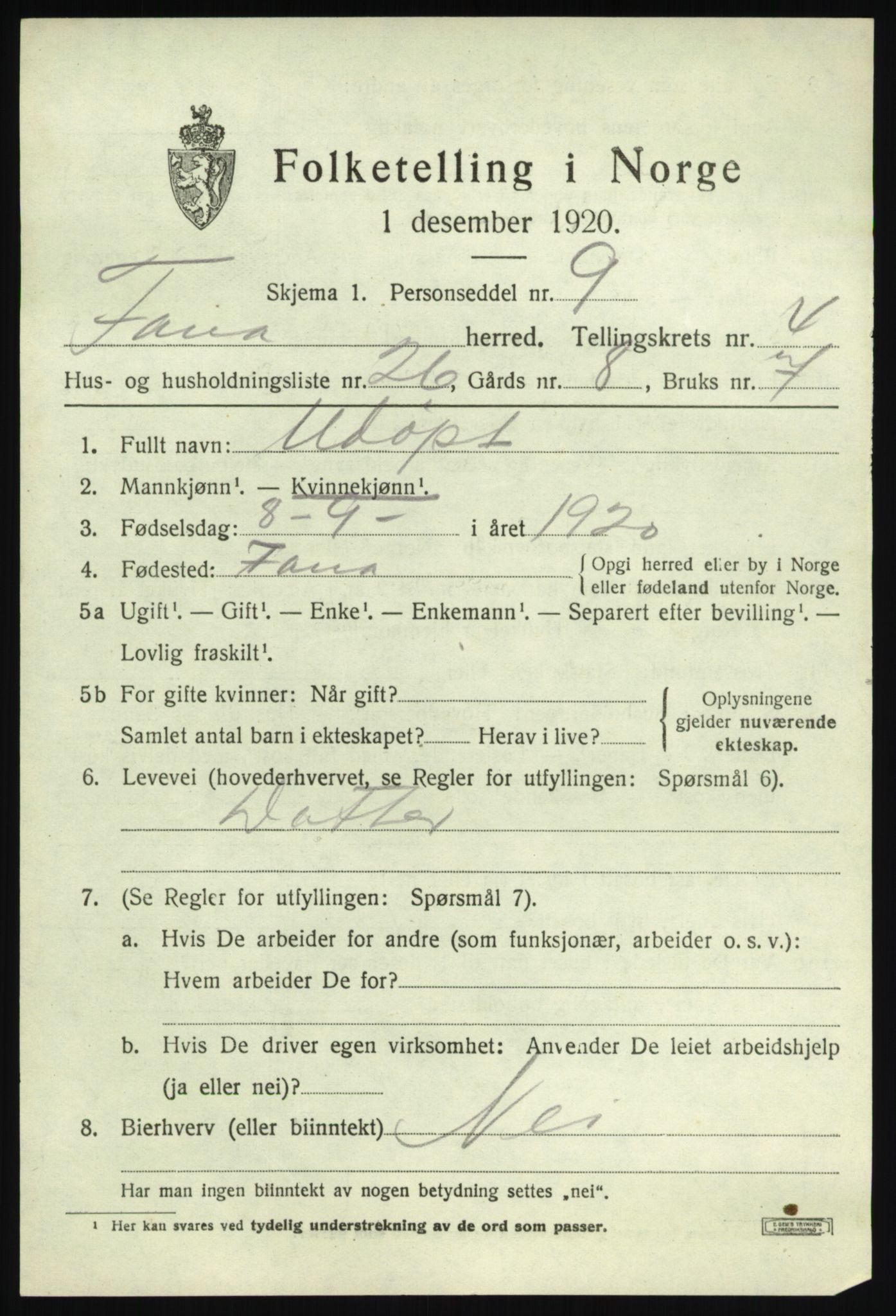 SAB, 1920 census for Fana, 1920, p. 5913